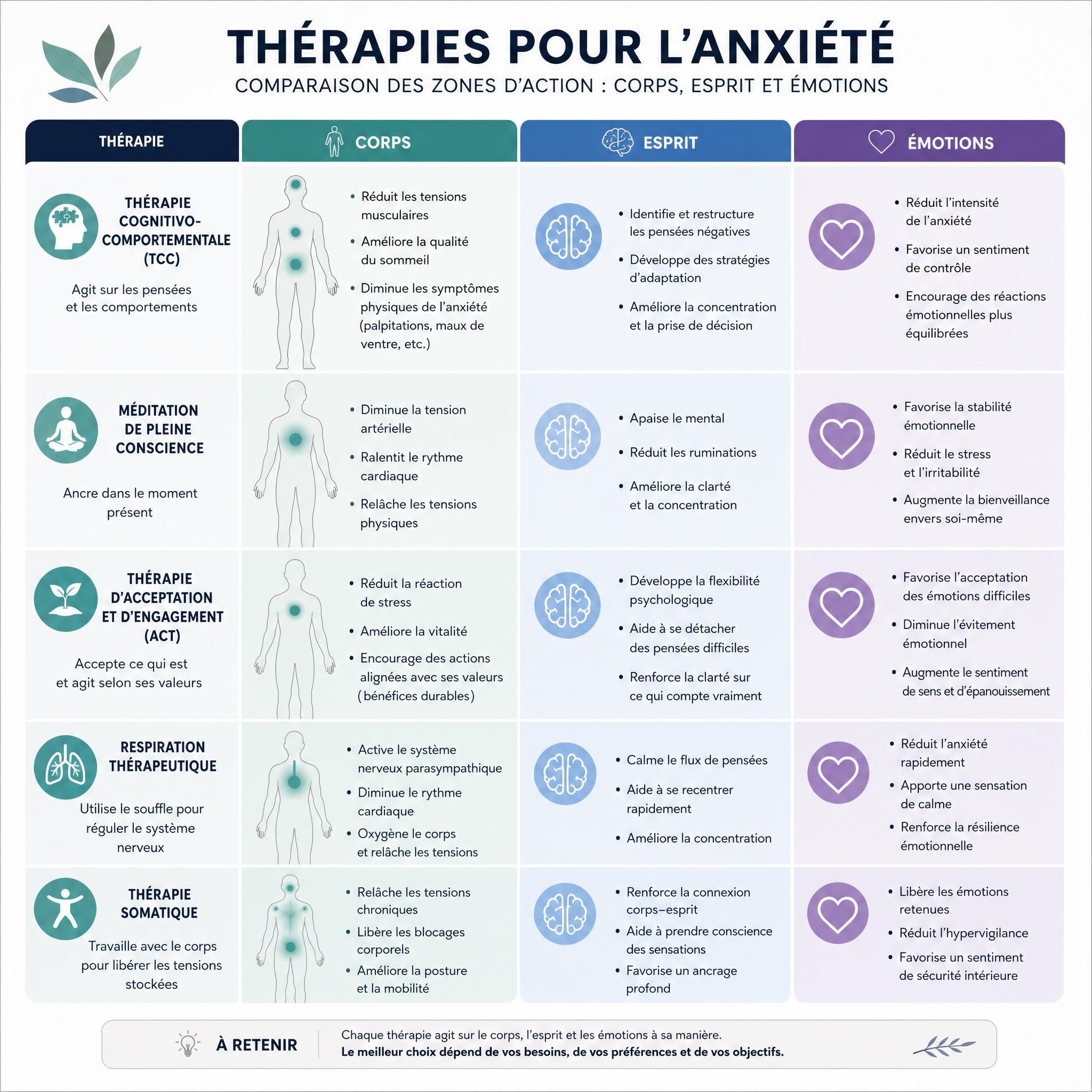 schéma comparatif visuel des différentes thérapies pour l'anxiété avec leurs zones d'action sur le corps, l'esprit et les émotions