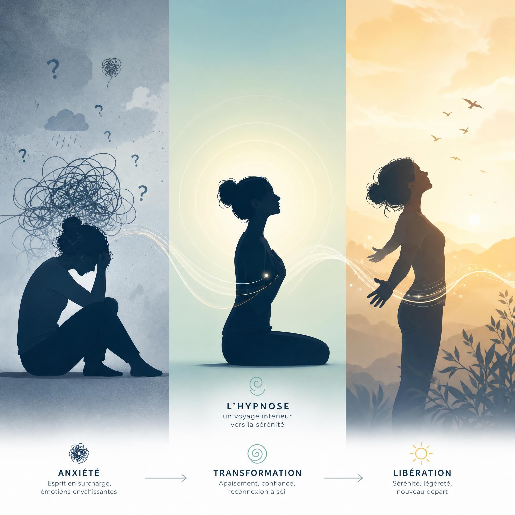 Illustration symbolique de trois silhouettes en transformation intérieure, représentant des parcours de guérison de l'anxiété par l'hypnose
