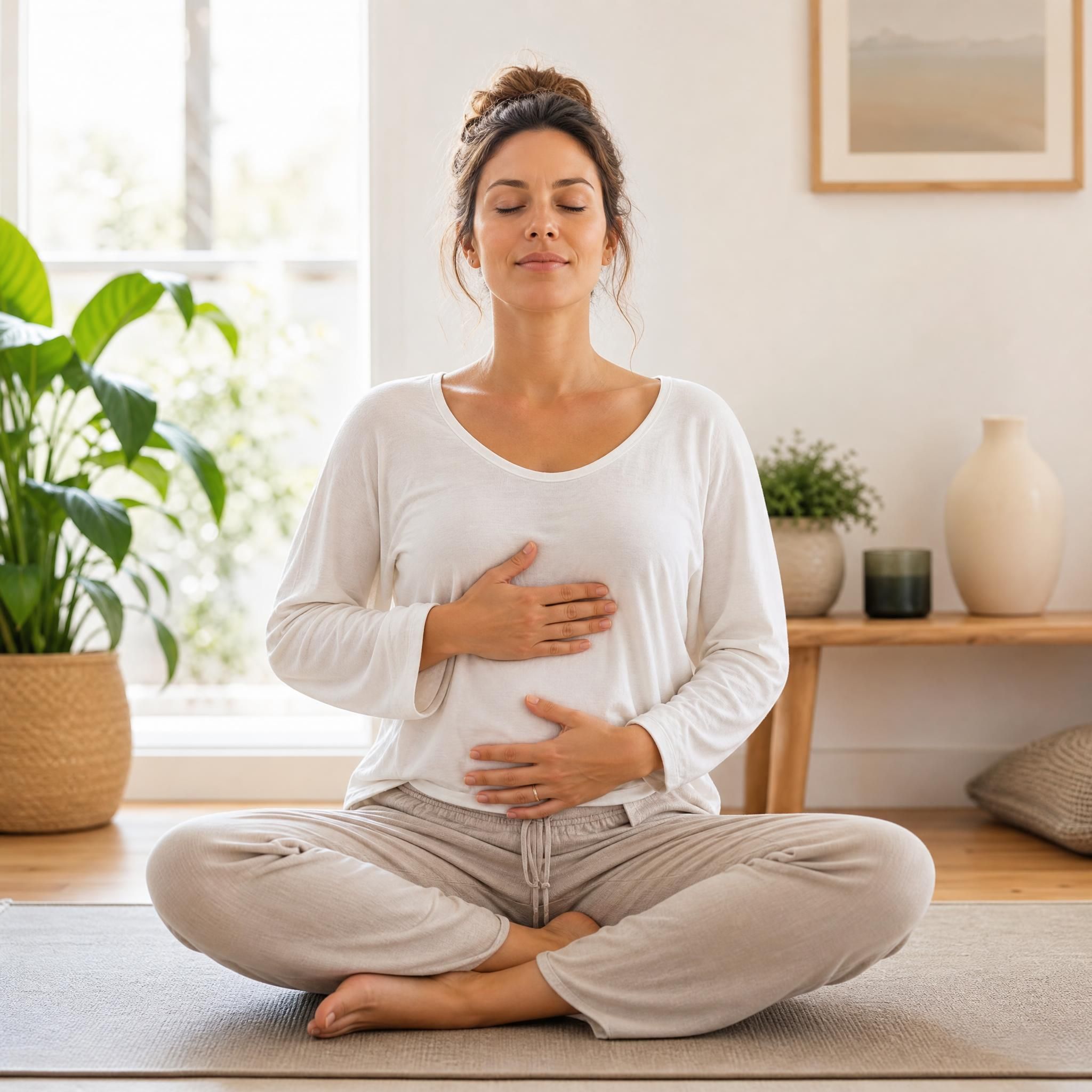 Femme pratiquant un exercice somatique de respiration consciente, mains posées sur le ventre, expression apaisée, intérieur lumineux