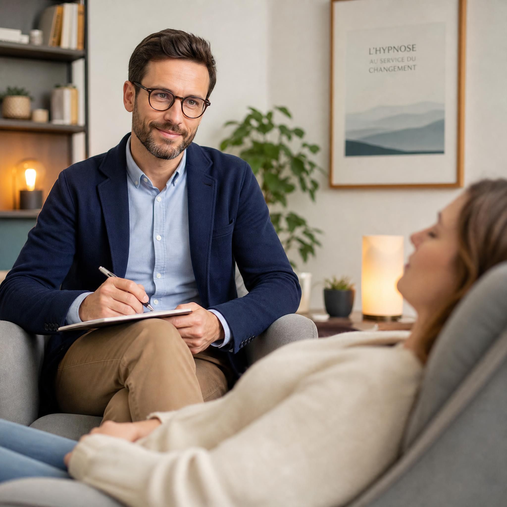 Portrait d'un praticien en hypnose thérapeutique en séance, ambiance professionnelle et bienveillante