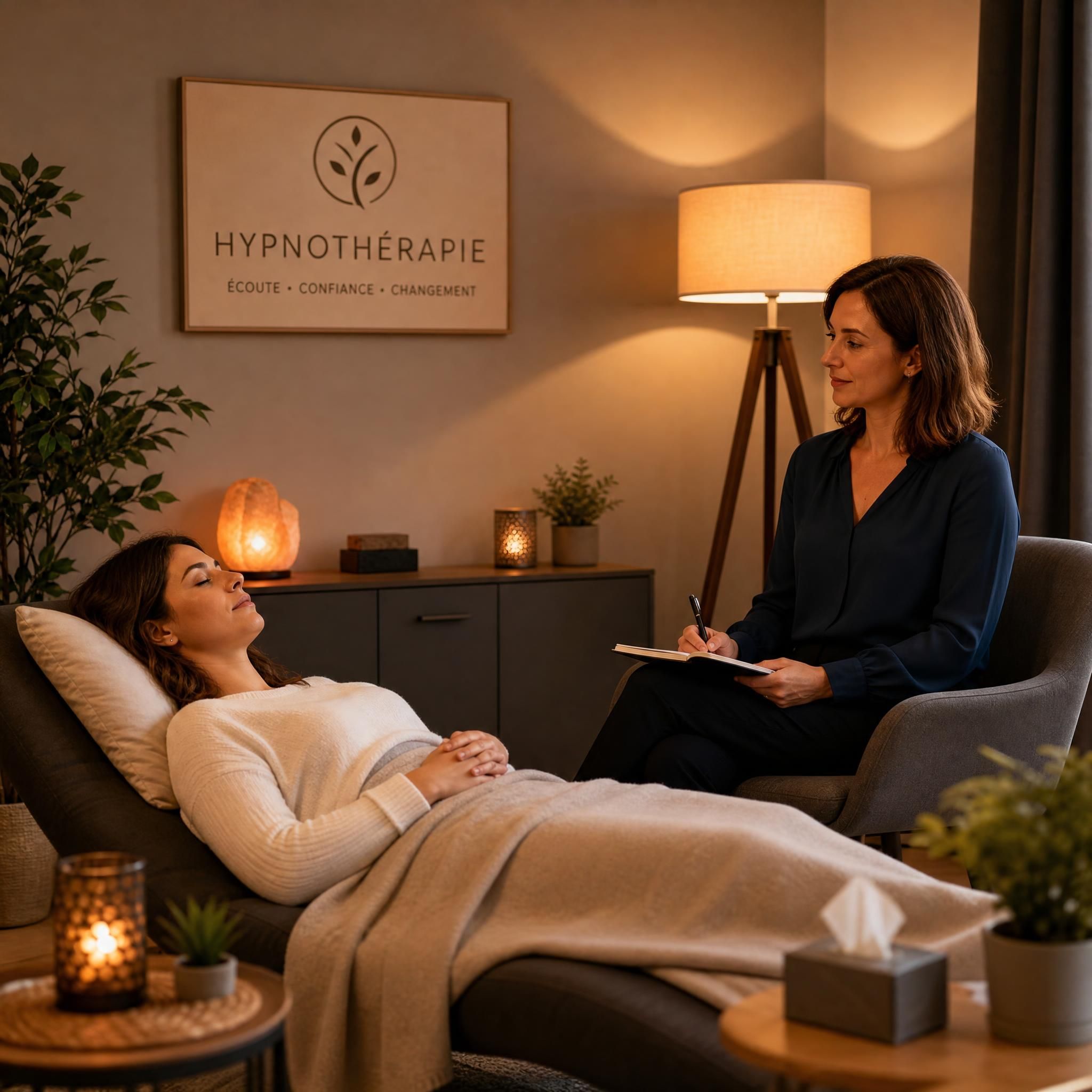 Hypnothérapeute et patient en séance, atmosphère bienveillante et sécurisante, lumière tamisée, cadre professionnel chaleureux