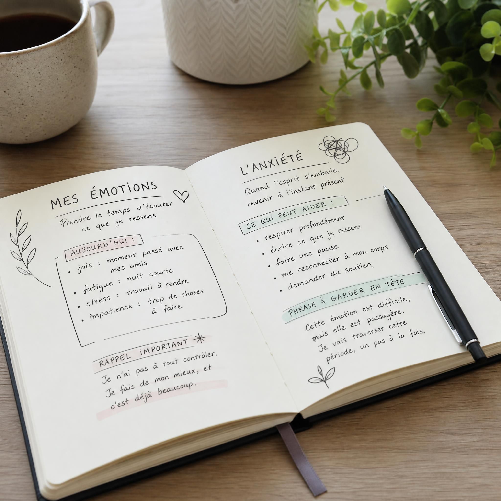 Journal ouvert avec des notes manuscrites sur les émotions et l'anxiété, stylo posé dessus, lumière naturelle douce