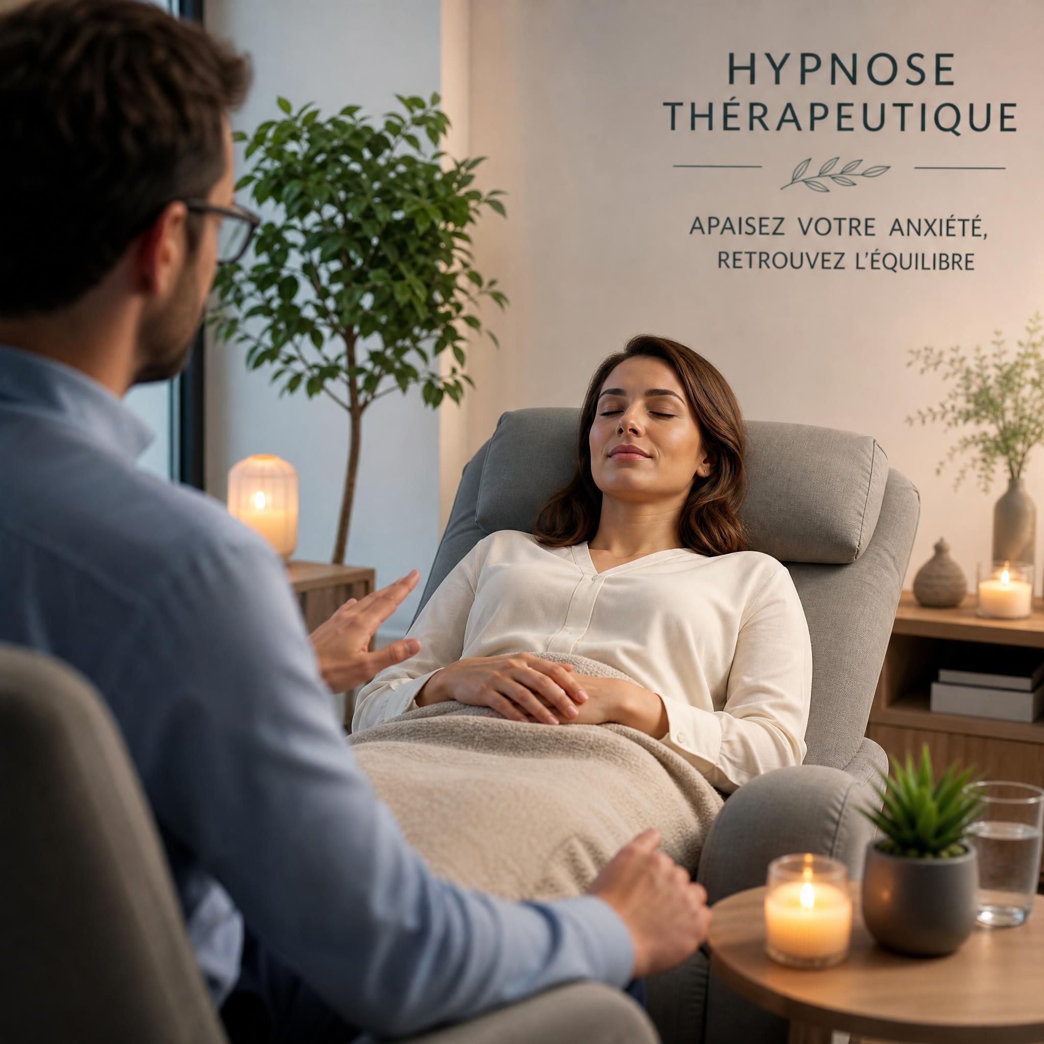 Femme en état de relaxation profonde lors d'une séance d'hypnose thérapeutique pour l'anxiété, ambiance douce et apaisante