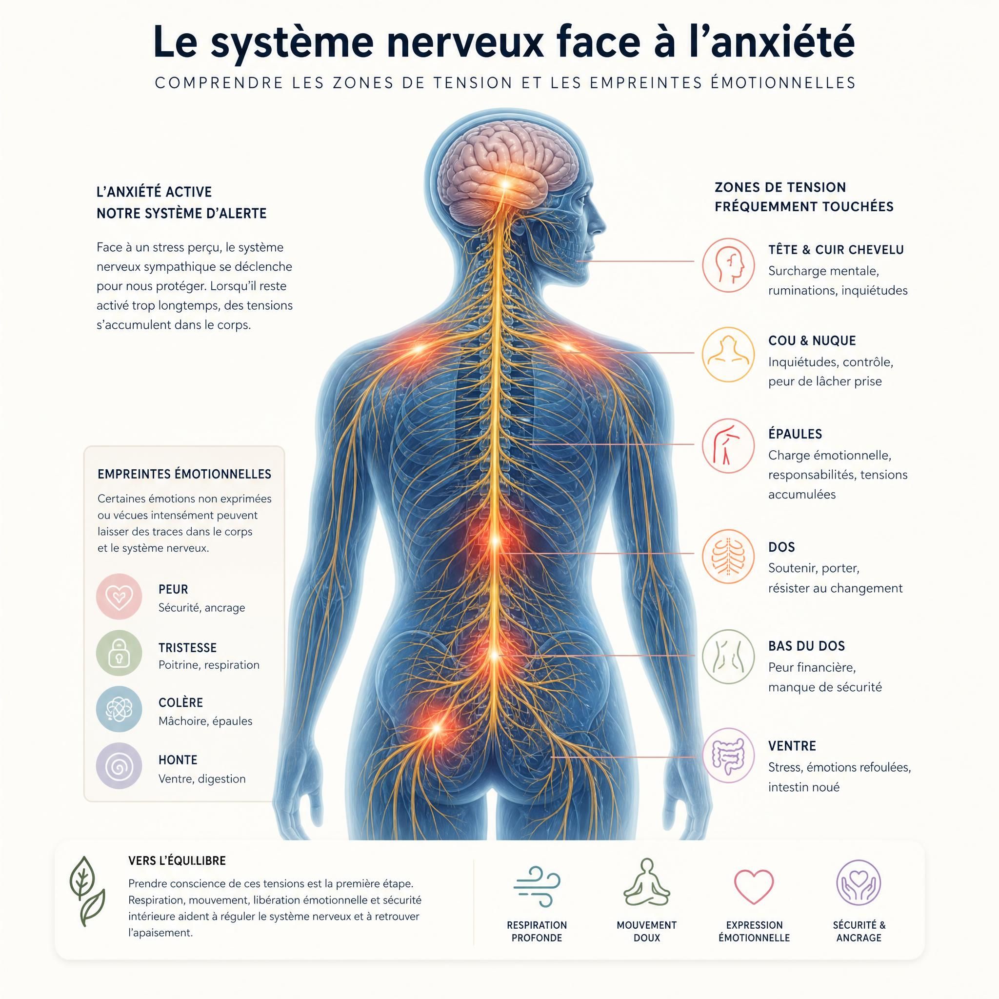 illustration du système nerveux humain avec mise en évidence des zones de tension liées à l'anxiété et aux empreintes émotionnelles