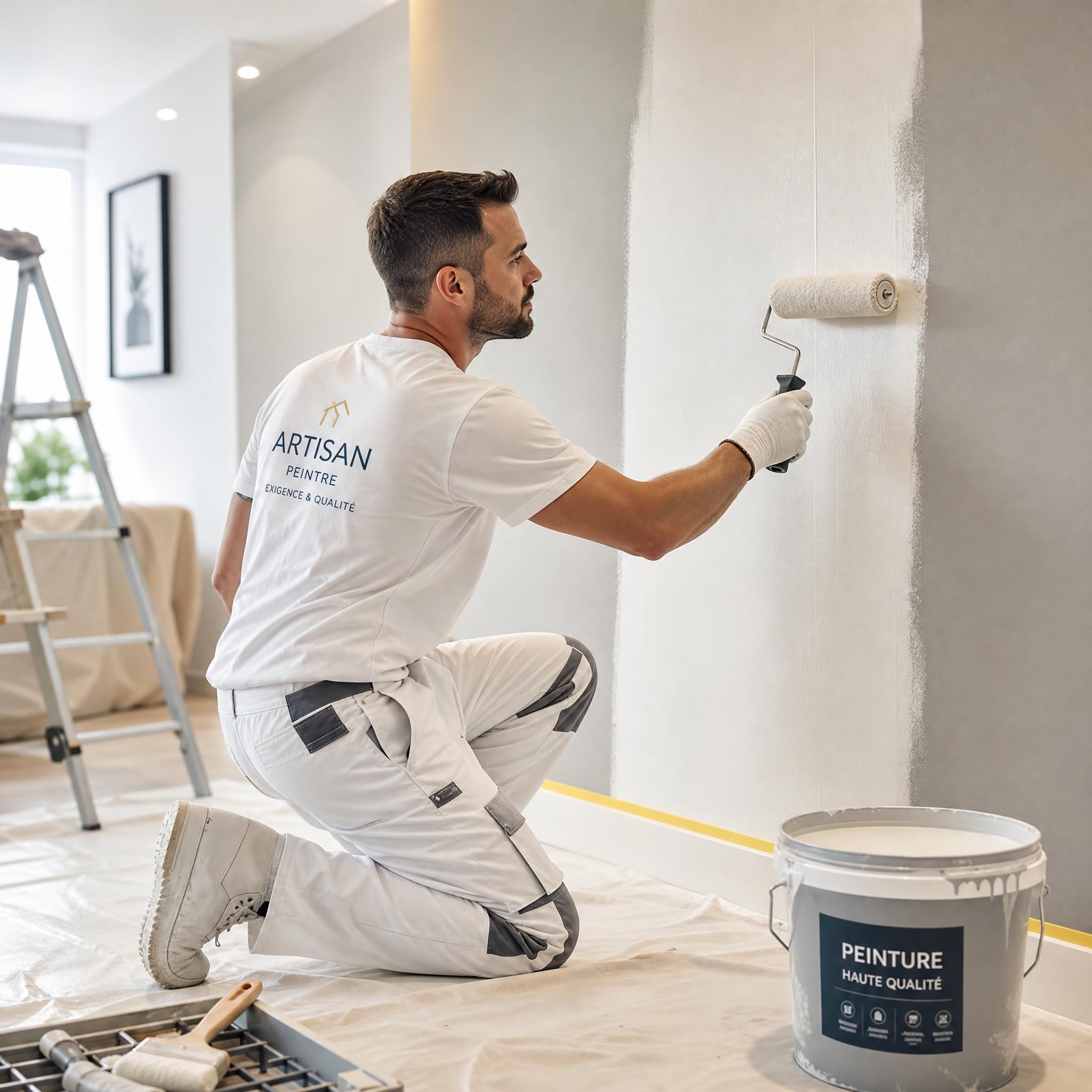Artisan handyman en train de peindre un mur intérieur avec soin, équipements professionnels et finitions impeccables