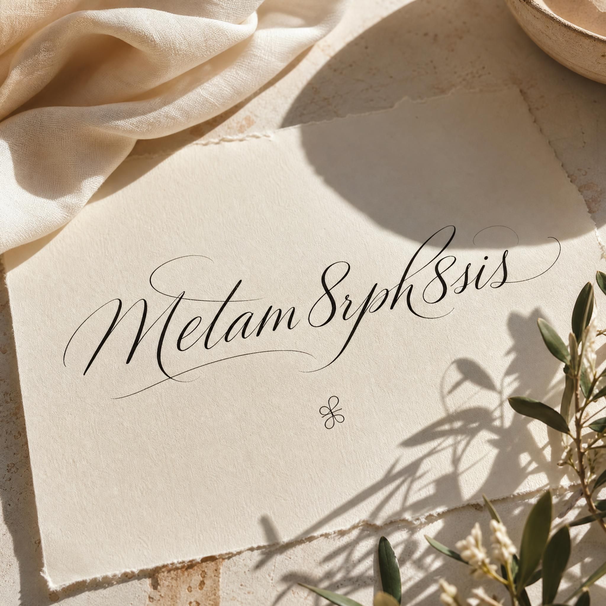 A hand-calligraphed word on archival paper, bathed in warm Mediterranean afternoon light, surrounded by soft shadows and a hint of scented fabric — evoking the poetic universe of Metam8rph8sis