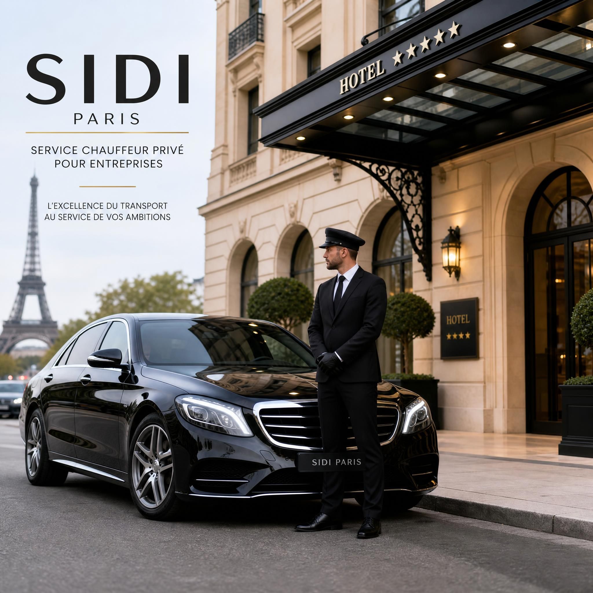 Berline Mercedes noire avec chauffeur professionnel en tenue devant un hôtel 5 étoiles à Paris, service chauffeur privé entreprise SIDI Paris