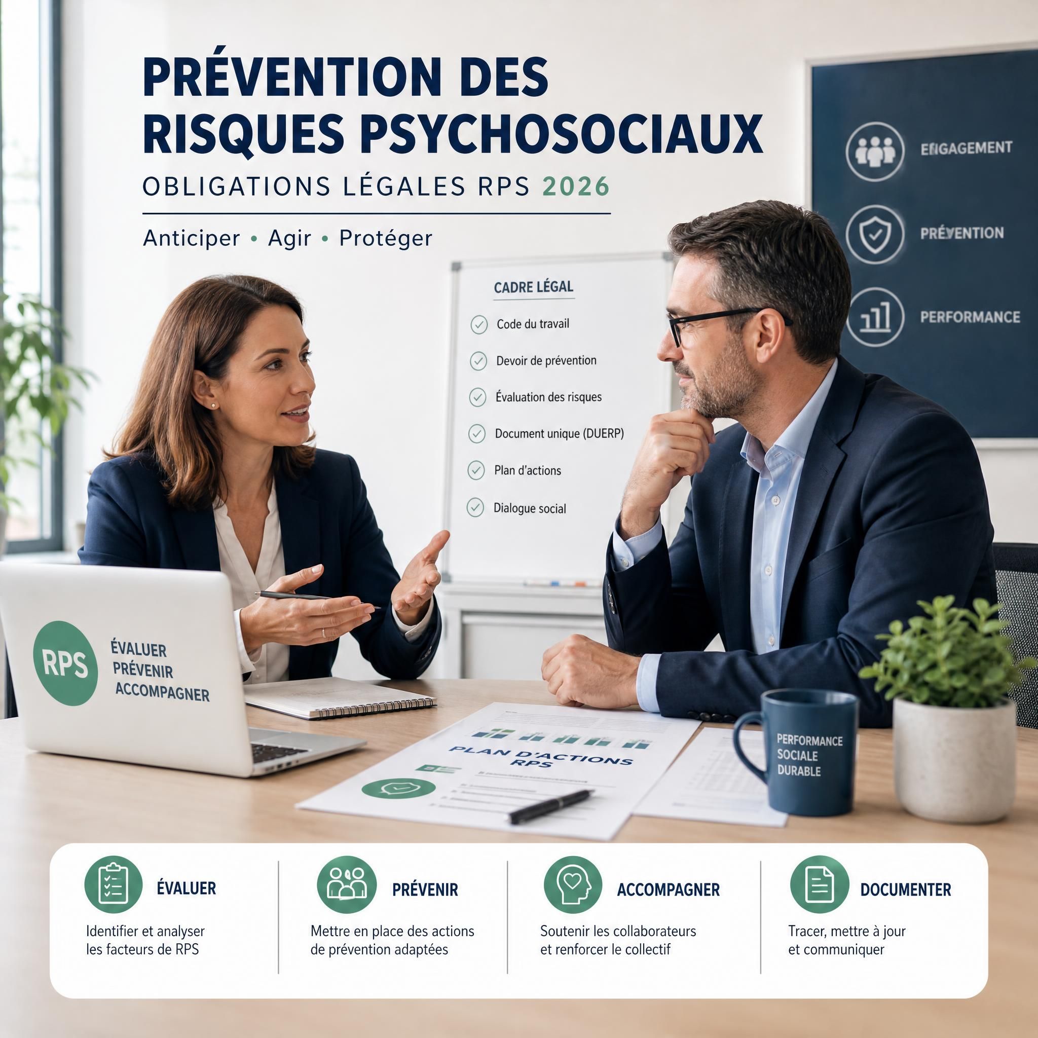 Responsable RH et dirigeant d'entreprise discutant de la prévention des risques psychosociaux en réunion — obligations légales RPS 2026