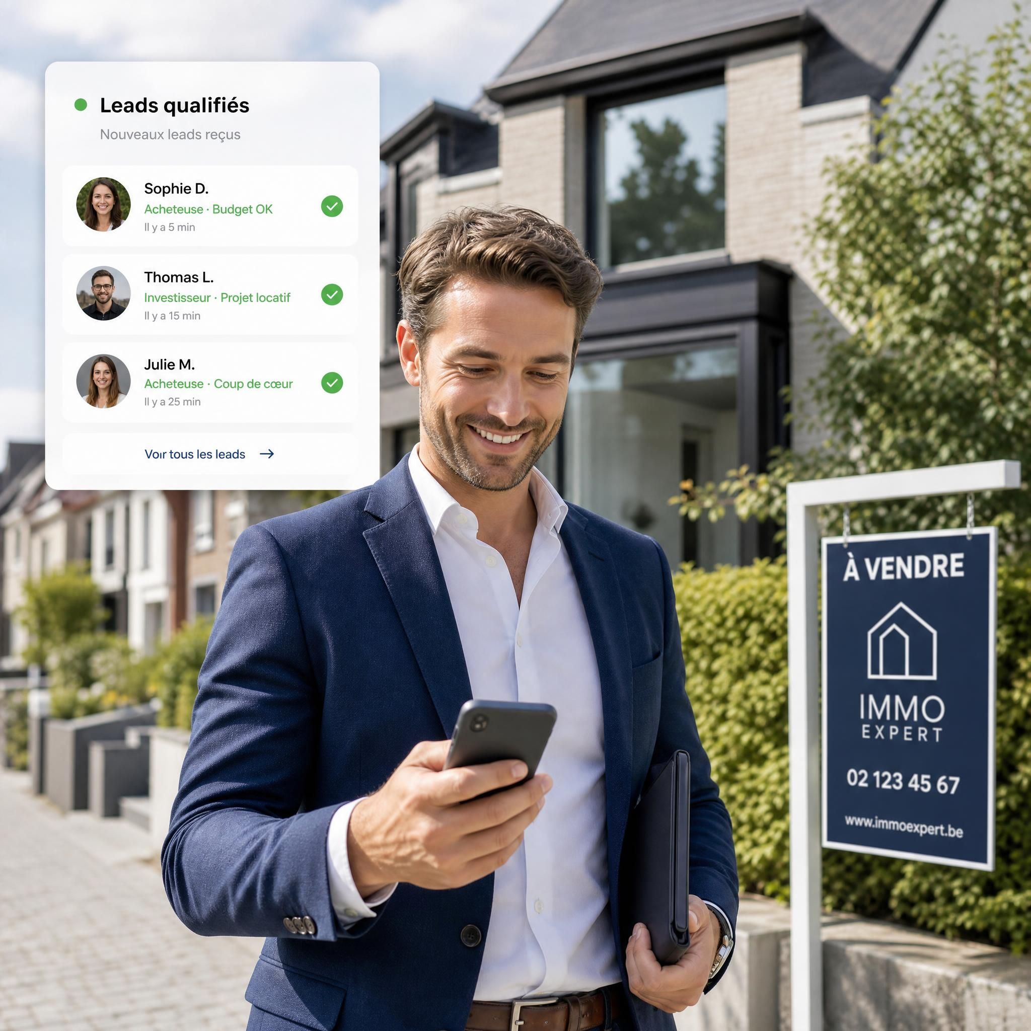 Agent immobilier souriant consultant son smartphone pour vérifier les leads qualifiés reçus, dans un quartier résidentiel belge lors d'une visite de bien