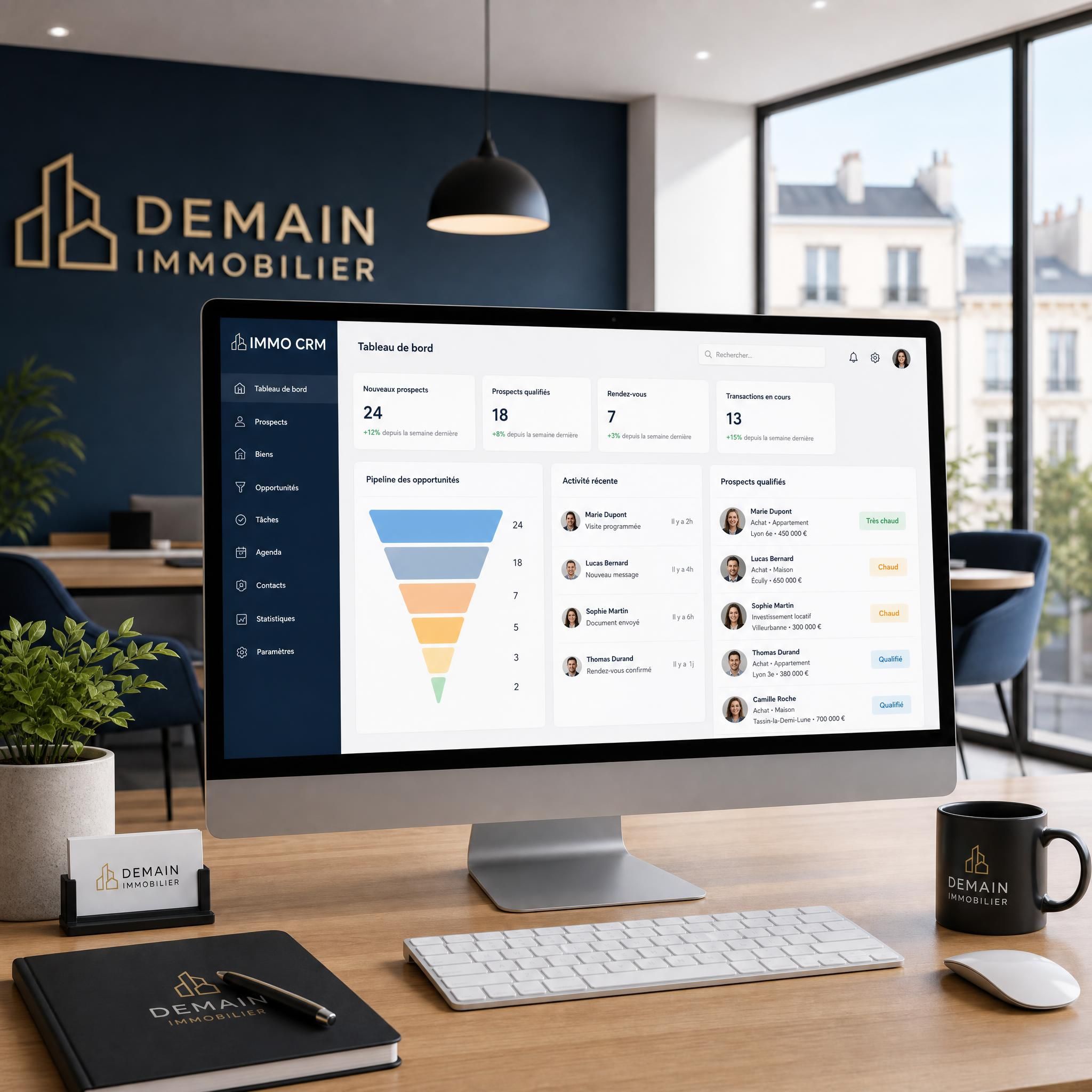 Vue d'un bureau d'agence immobilière avec un écran affichant un tableau de bord CRM et des fiches de prospects qualifiés, ambiance professionnelle et moderne