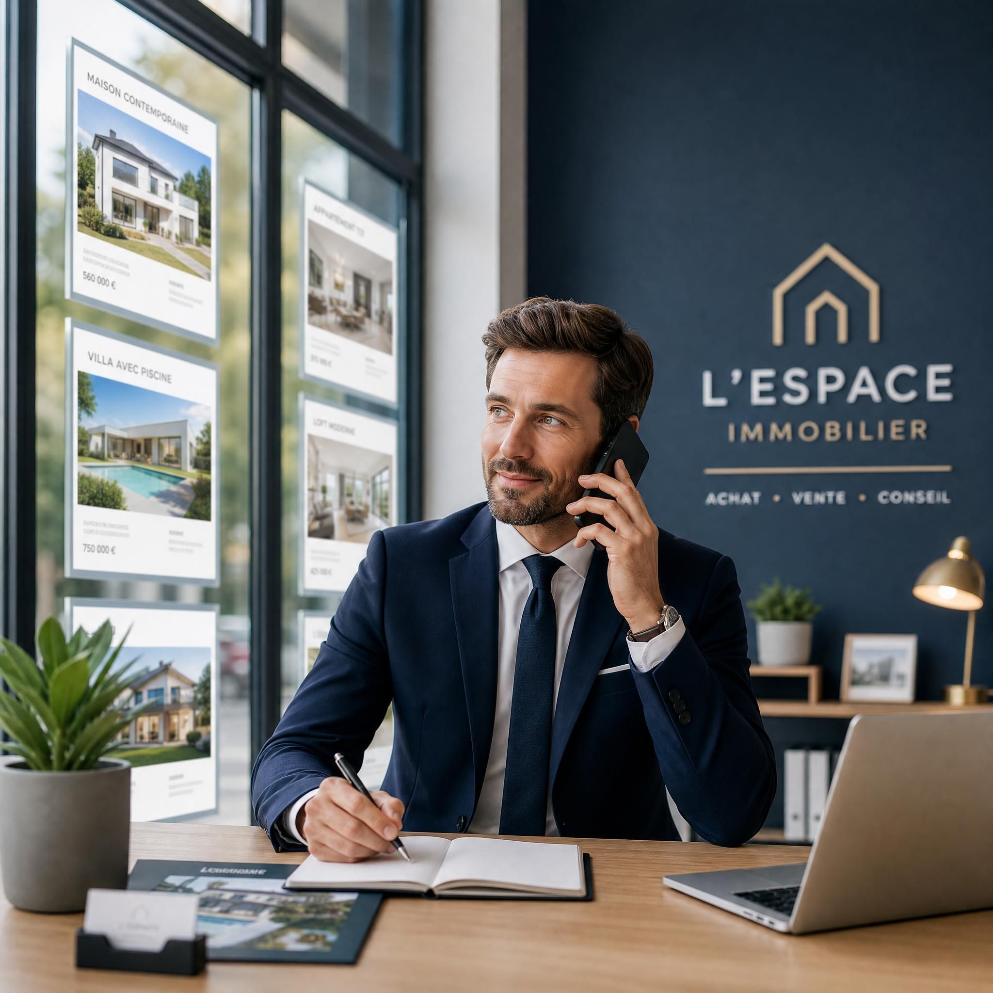 Agent immobilier professionnel en costume répondant à un appel téléphonique dans une agence moderne avec des annonces immobilières en vitrine