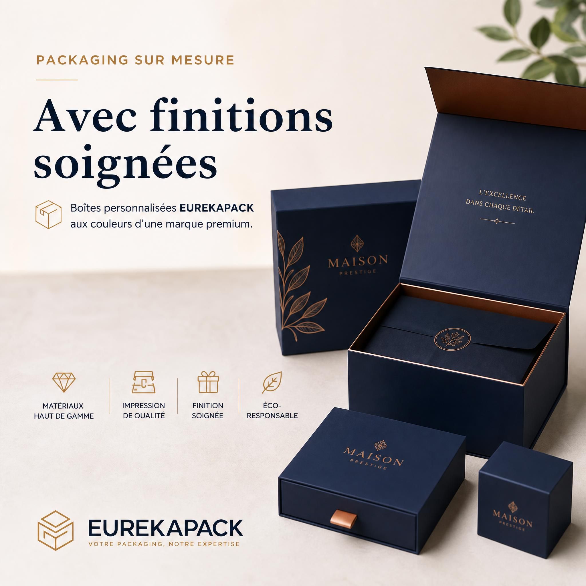 Packaging sur mesure avec finitions soignées — boîtes personnalisées EUREKAPACK aux couleurs d'une marque premium
