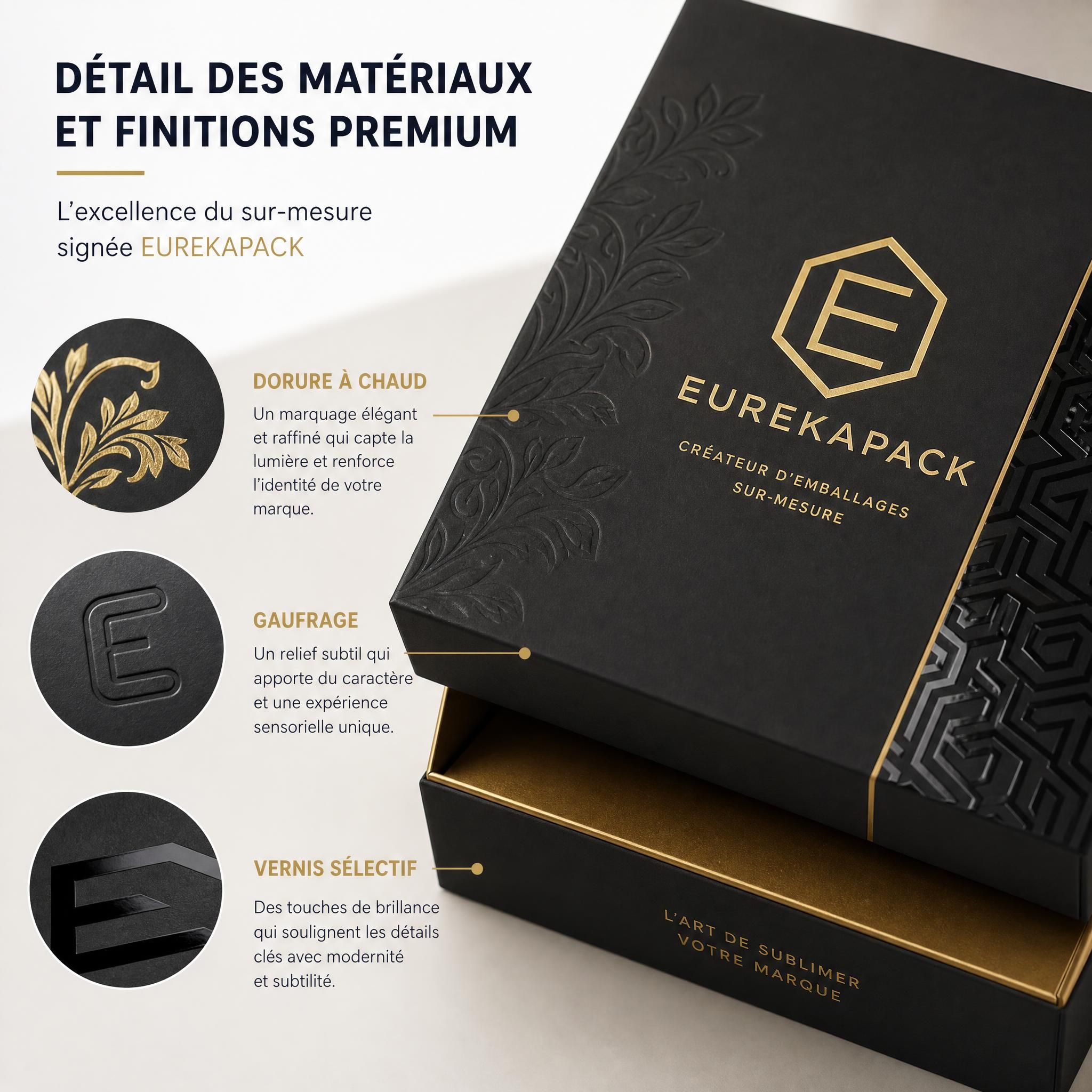 Détail des matériaux et finitions premium EUREKAPACK — dorure, gaufrage et vernis sélectif sur emballage personnalisé