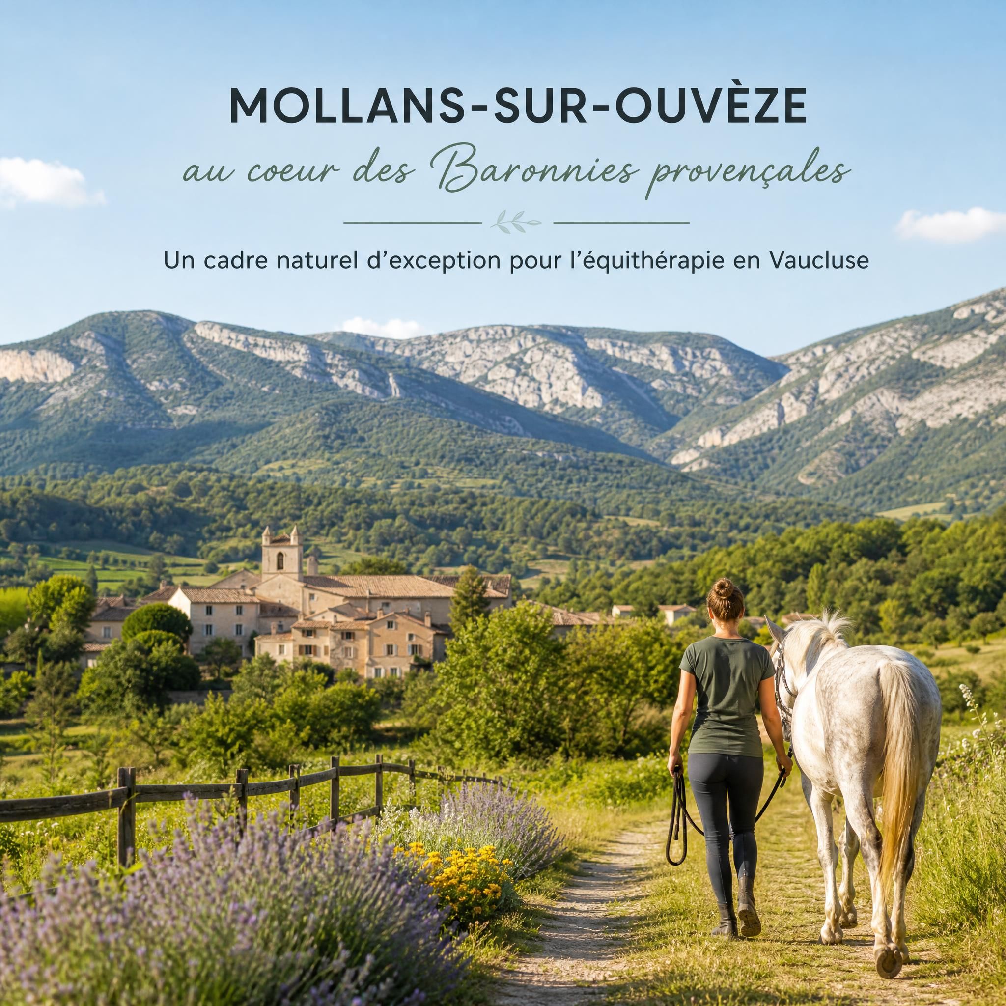 Paysage provençal de Mollans-sur-Ouvèze avec les Baronnies en arrière-plan, cadre naturel de l'équithérapie en Vaucluse