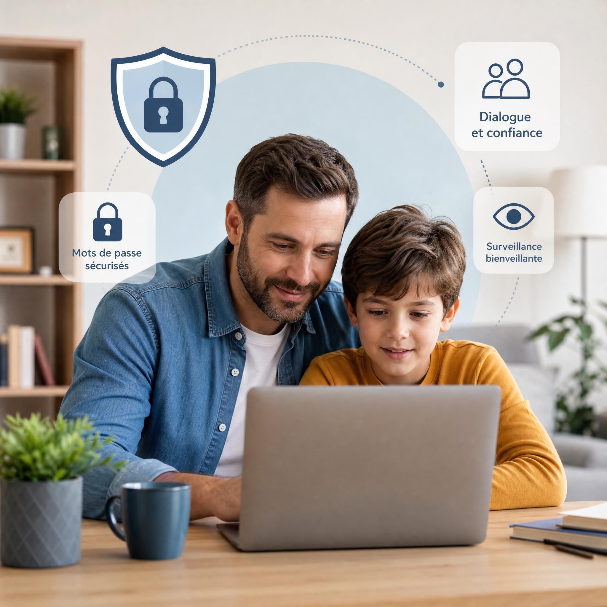 Parent et enfant regardant ensemble un écran d'ordinateur portable, symbolisant la sécurité numérique en famille