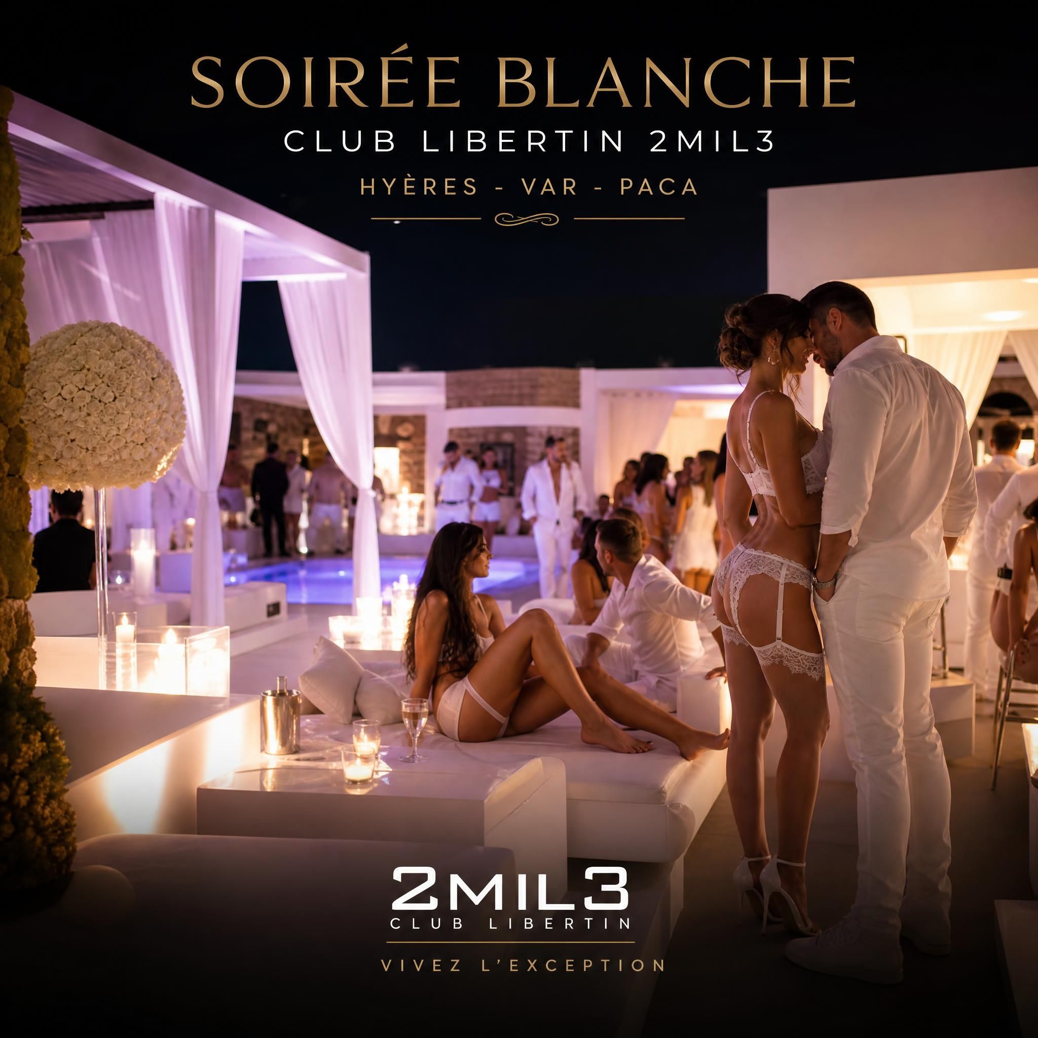 Ambiance soirée blanche luxueuse club libertin 2mil3 Hyères Var PACA — lumières tamisées, décor élégant en blanc