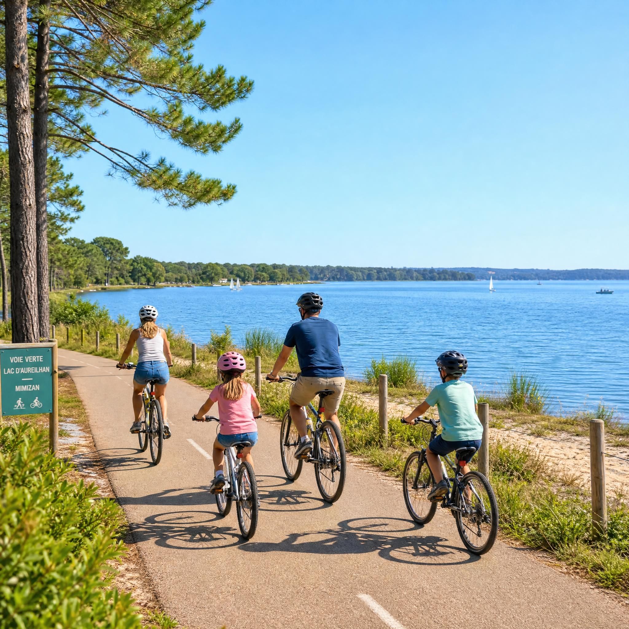 Cyclistes en famille sur la voie verte longeant le lac d'Aureilhan à Mimizan avec vue sur l'eau - 1200x800px piste-cyclable-lac-aureilhan-mimizan-famille-2026.webp