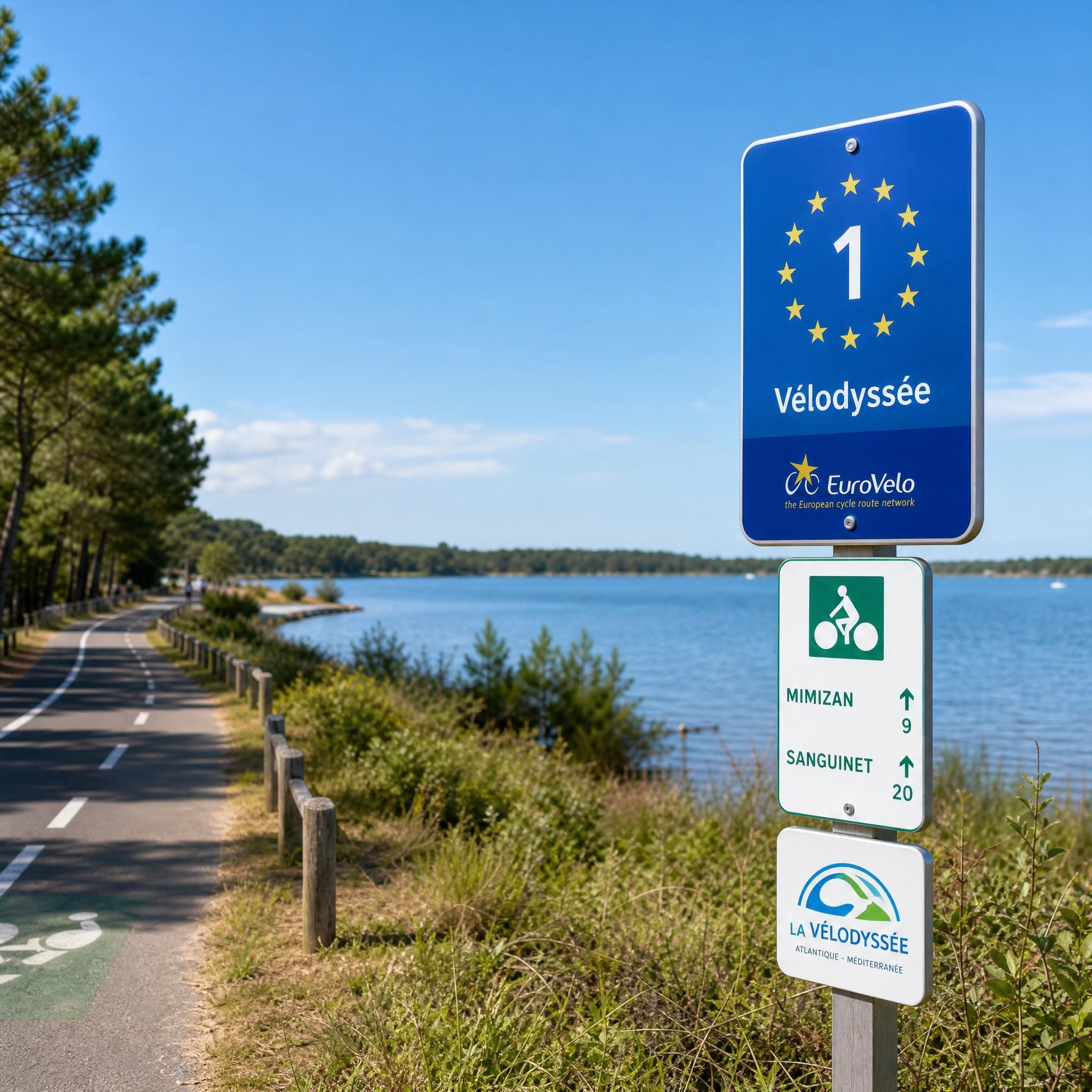 Panneau de signalisation Vélodyssée EuroVelo 1 sur la voie verte au bord du lac d'Aureilhan Mimizan - 1200x800px velodyssee-eurovelo1-lac-aureilhan-mimizan-2026.webp