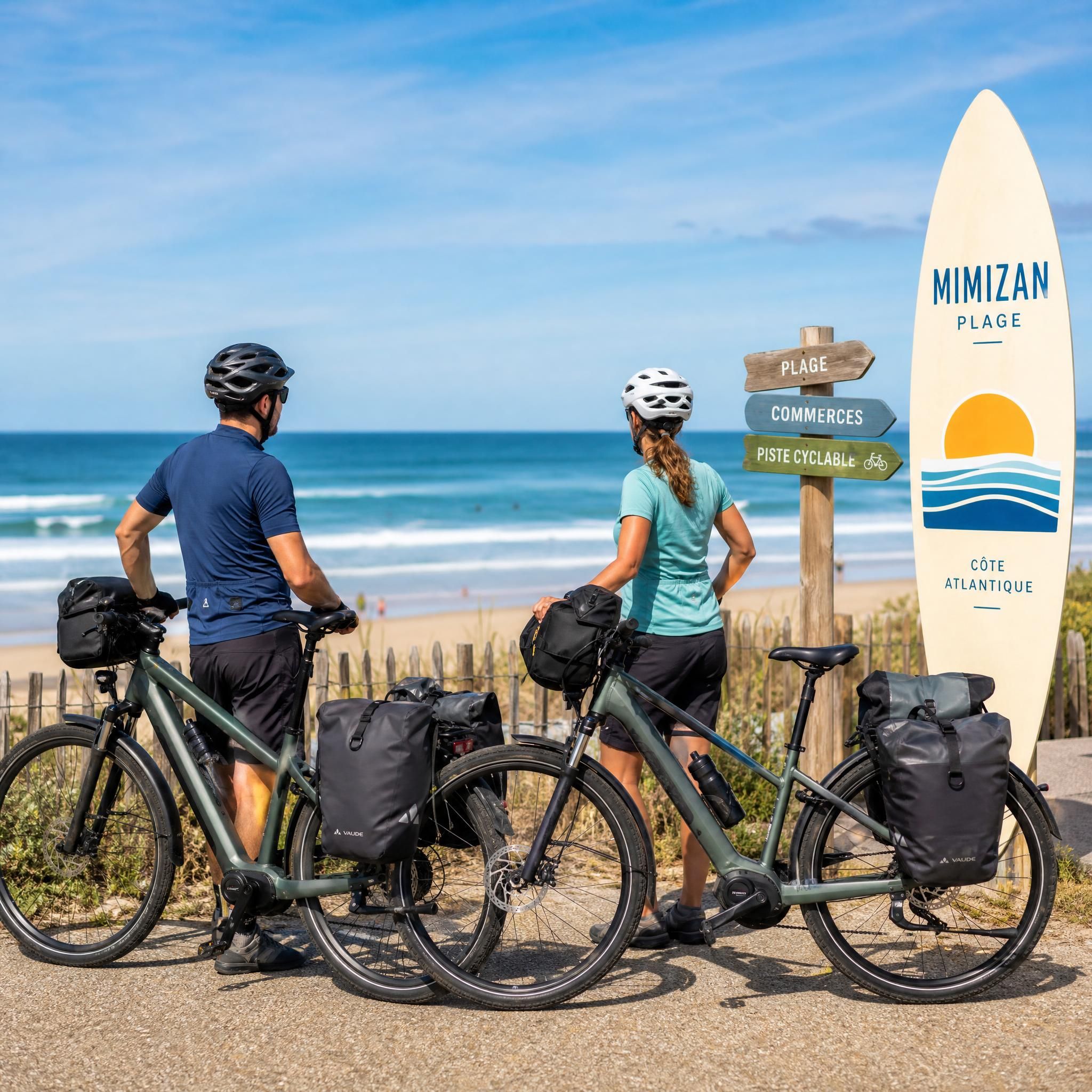 Cyclotouristes avec bagages et VAE faisant une pause à Mimizan-Plage devant l'océan Atlantique - 1200x800px cyclotouristes-vae-mimizan-plage-ocean-2026.webp