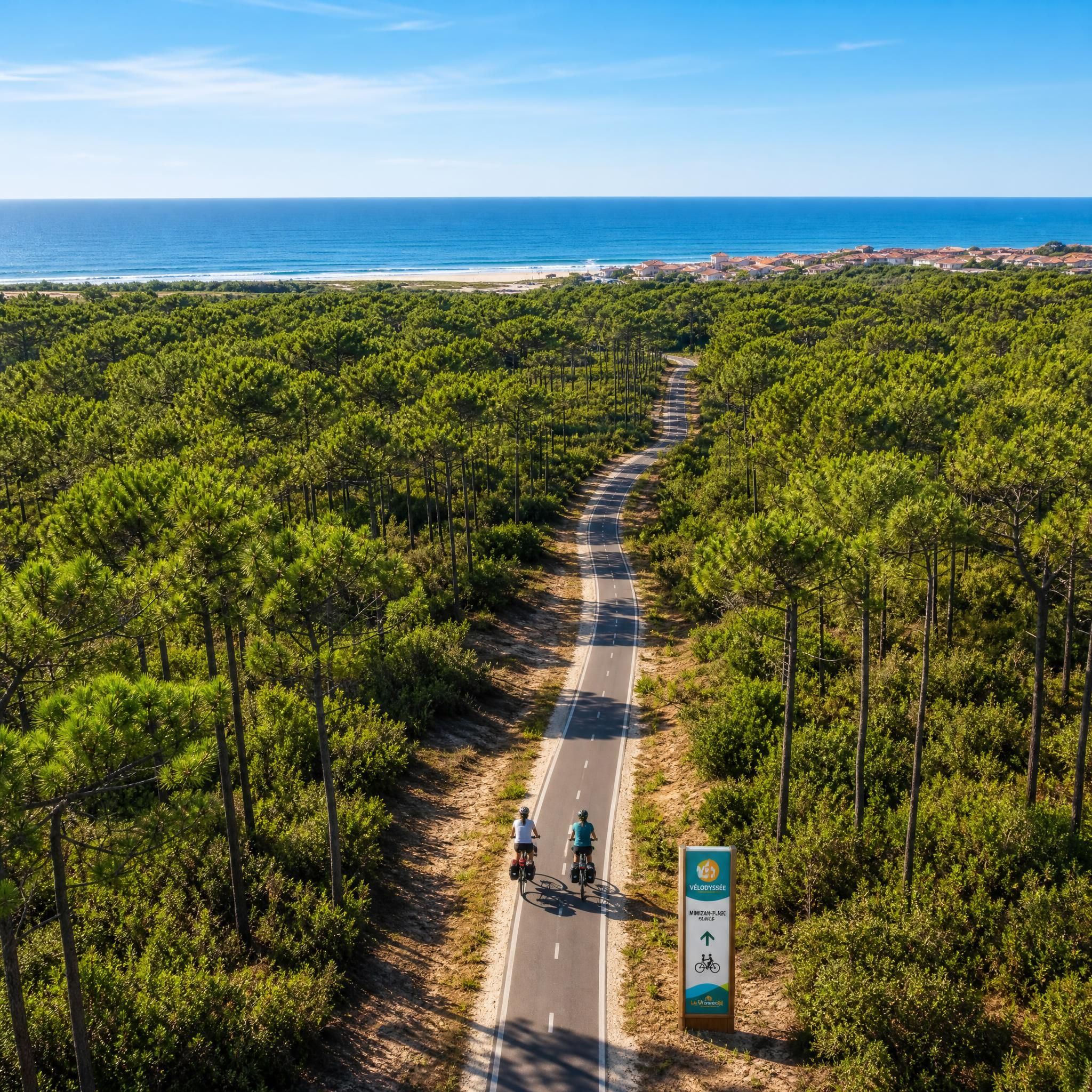 Vue aérienne de la piste cyclable Vélodyssée traversant la forêt de pins vers Mimizan-Plage - bannière 1600x900px velodyssee-mimizan-foret-pins-2026.webp