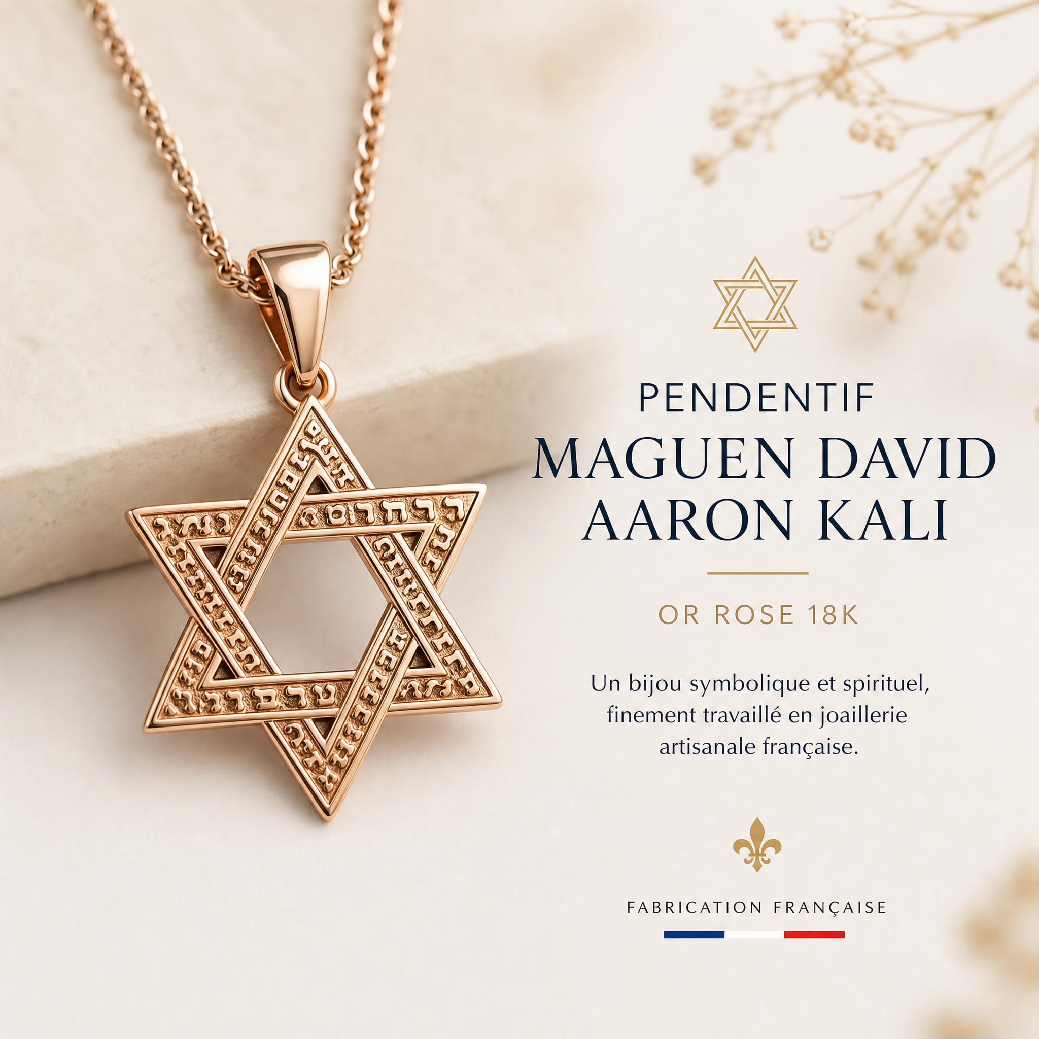 Pendentif Maguen David Aaron Kali en or rose 18k, étoile de David finement travaillée en joaillerie artisanale française, bijou symbolique juif