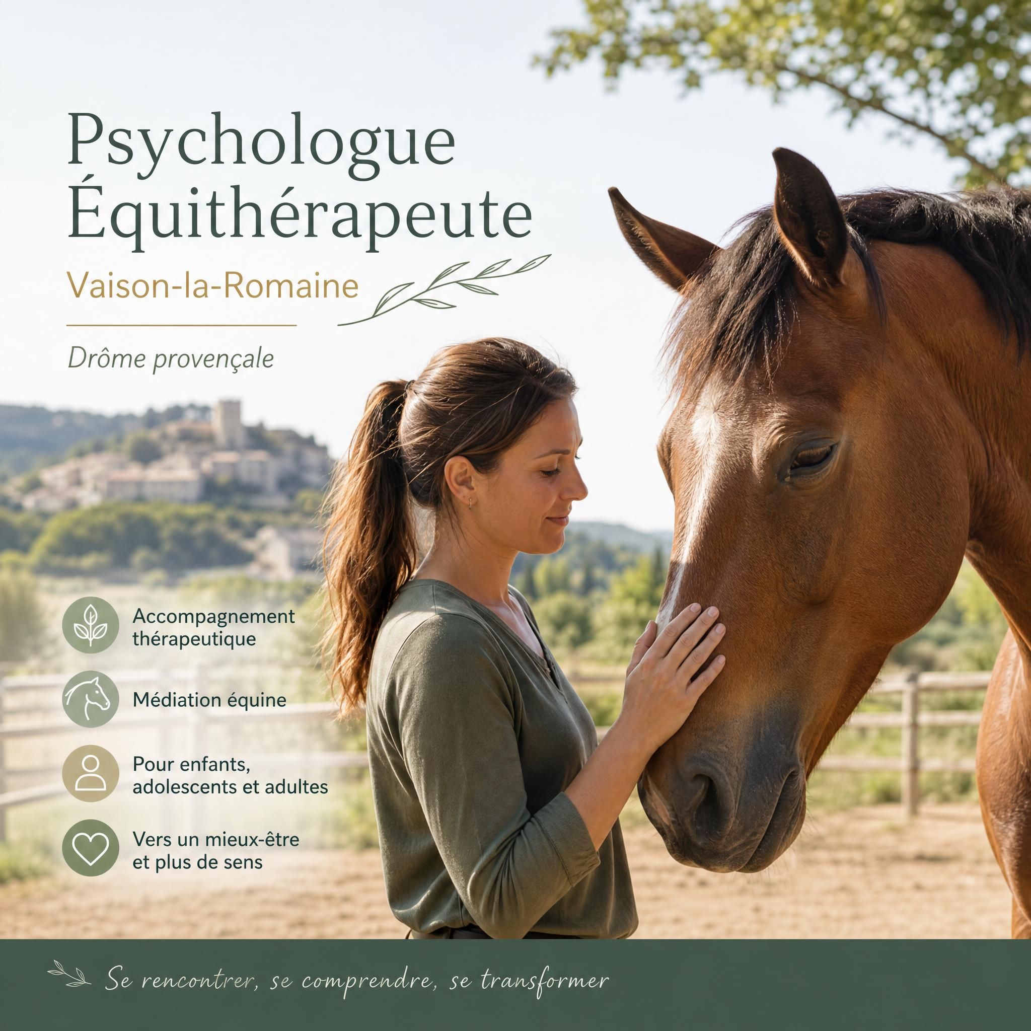 Psychologue équithérapeute avec cheval à Vaison-la-Romaine, séance de médiation équine en Drôme provençale