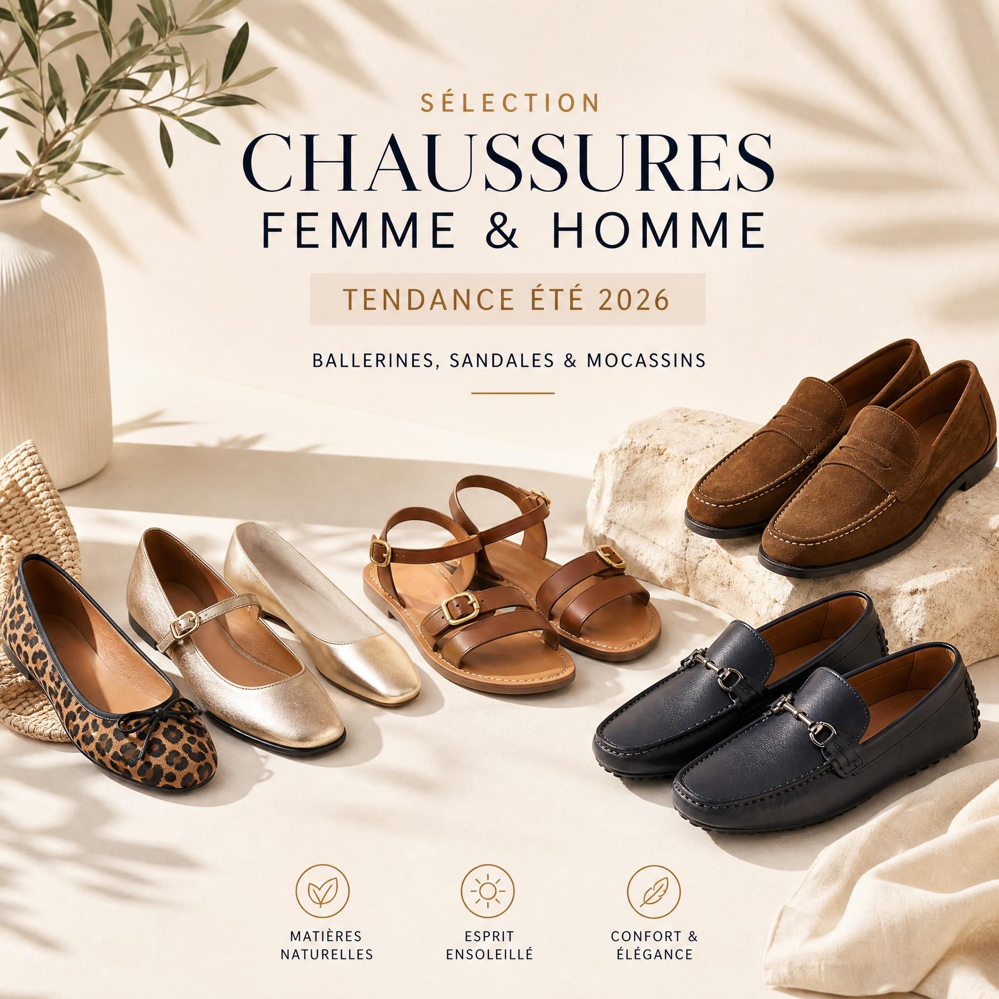 Sélection chaussures femme et homme tendance été 2026 — ballerines, sandales et mocassins sur fond clair et ensoleillé