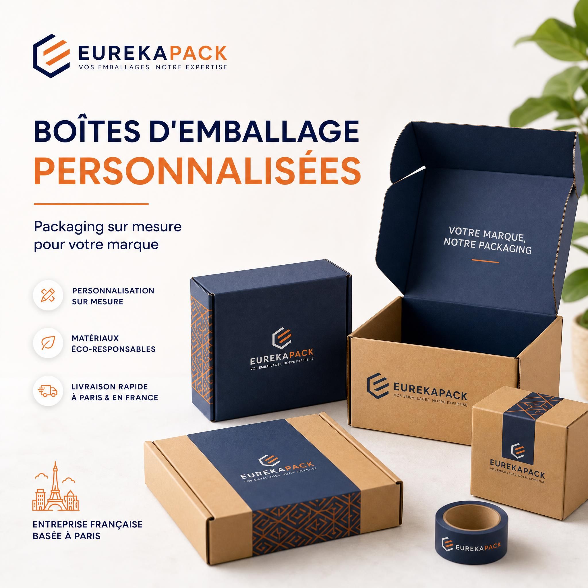 Boîtes d'emballage personnalisées EUREKAPACK avec logo de marque, packaging e-commerce sur mesure Paris
