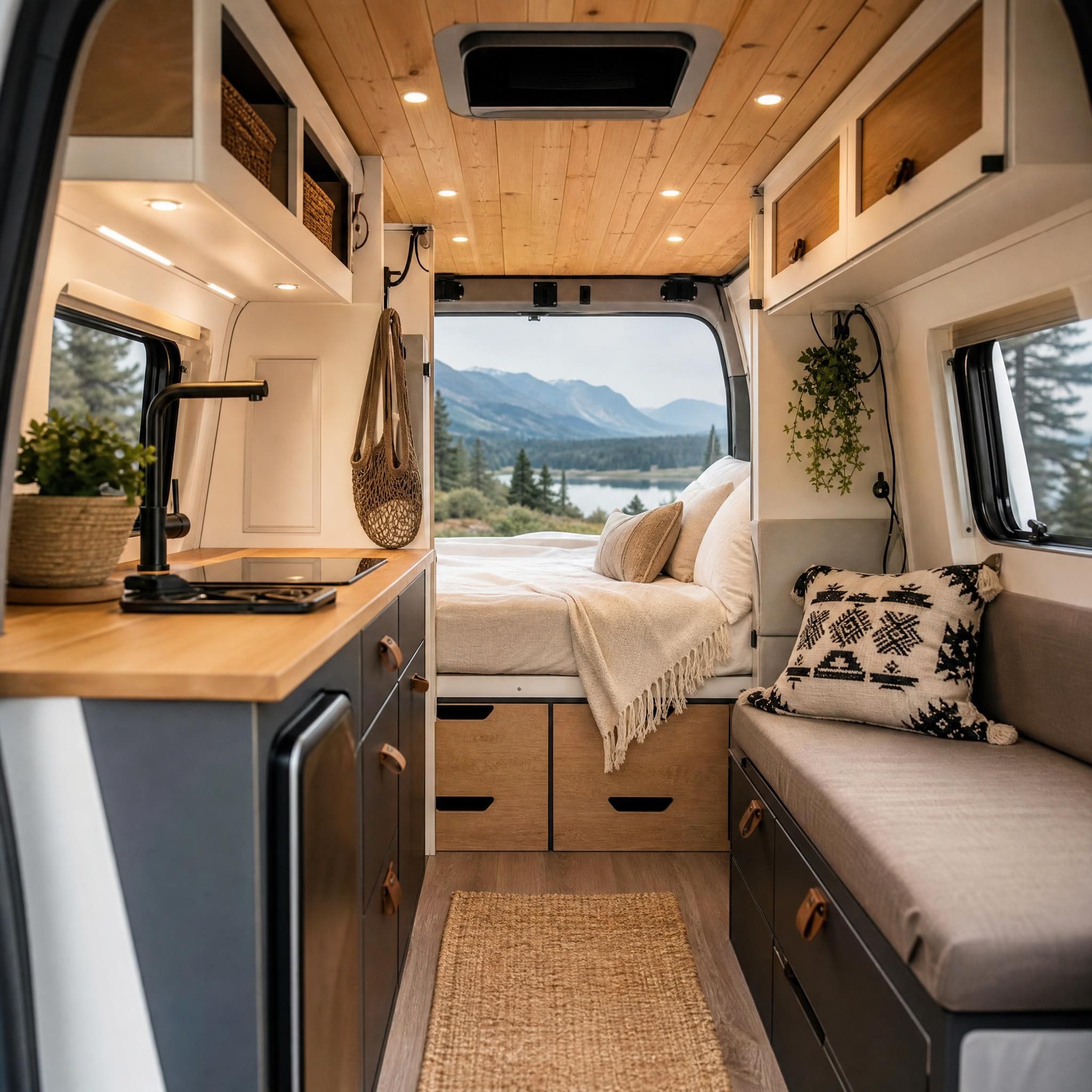 Intérieur d'un van aménagé moderne avec lit, cuisine et rangements, confort nomade