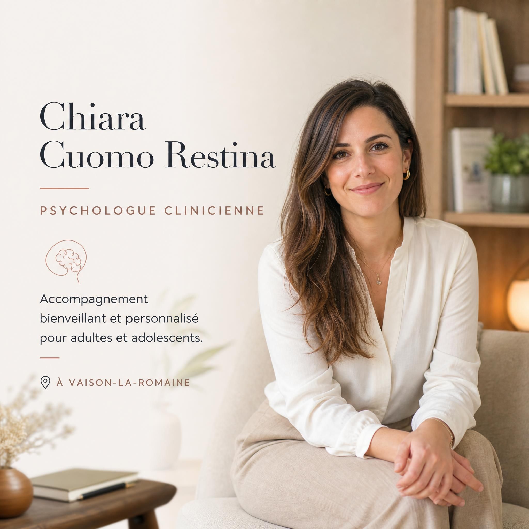 Chiara Cuomo Restina, psychologue clinicienne à Vaison-la-Romaine, portrait professionnel chaleureux
