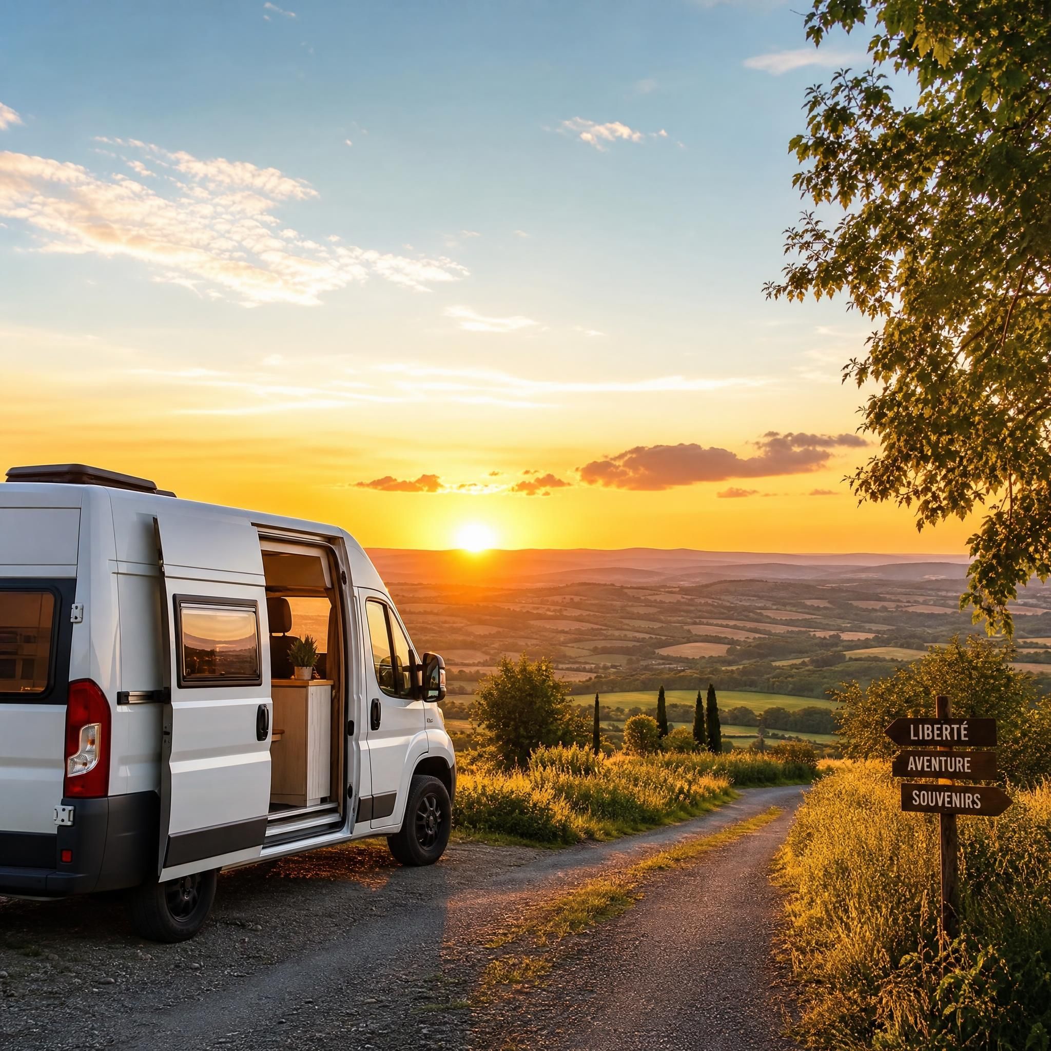 Van aménagé garé face à un coucher de soleil sur une route de campagne française, liberté et road trip