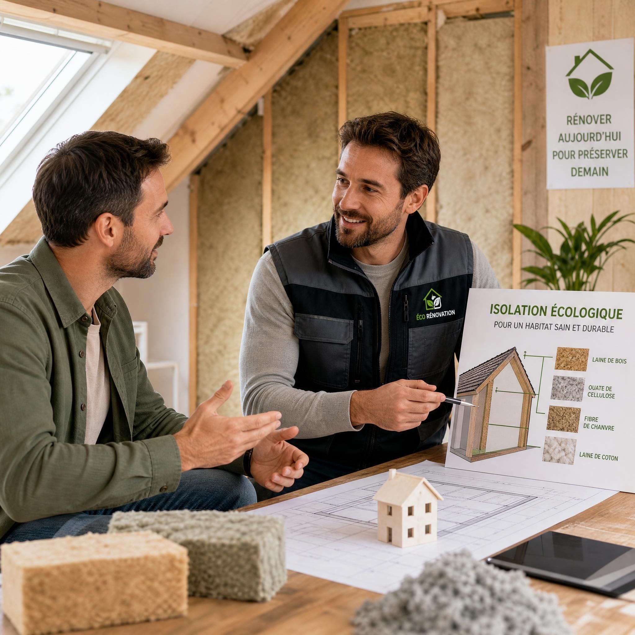 Propriétaire discutant avec un artisan de rénovation de son projet d'isolation écologique à domicile