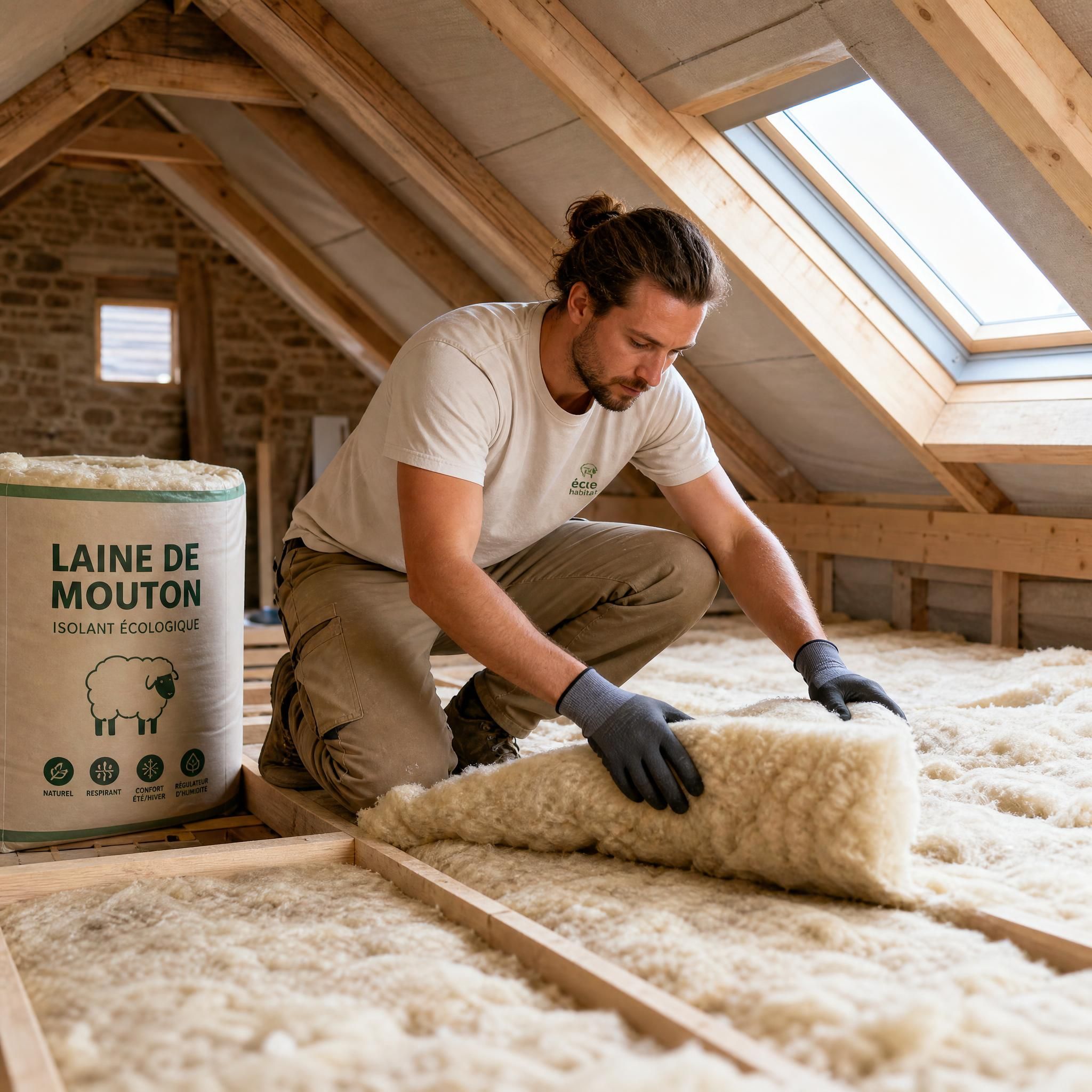 Artisan posant de l'isolation écologique en laine de mouton dans les combles d'une maison en rénovation