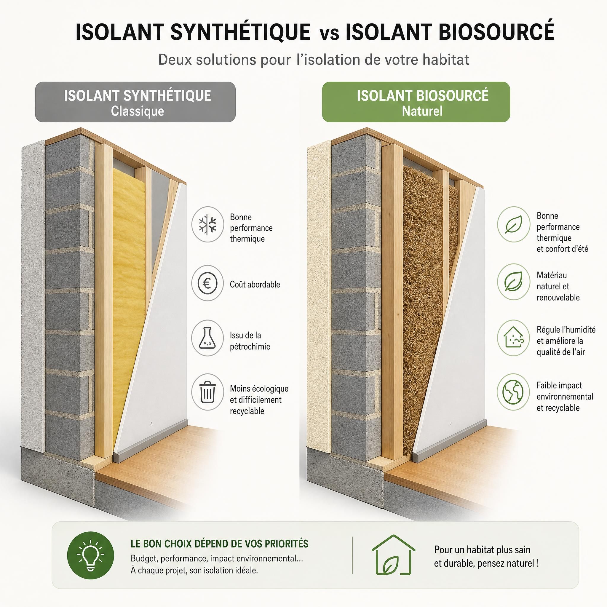 Comparaison visuelle entre isolant synthétique classique et isolant biosourcé naturel en coupe de mur