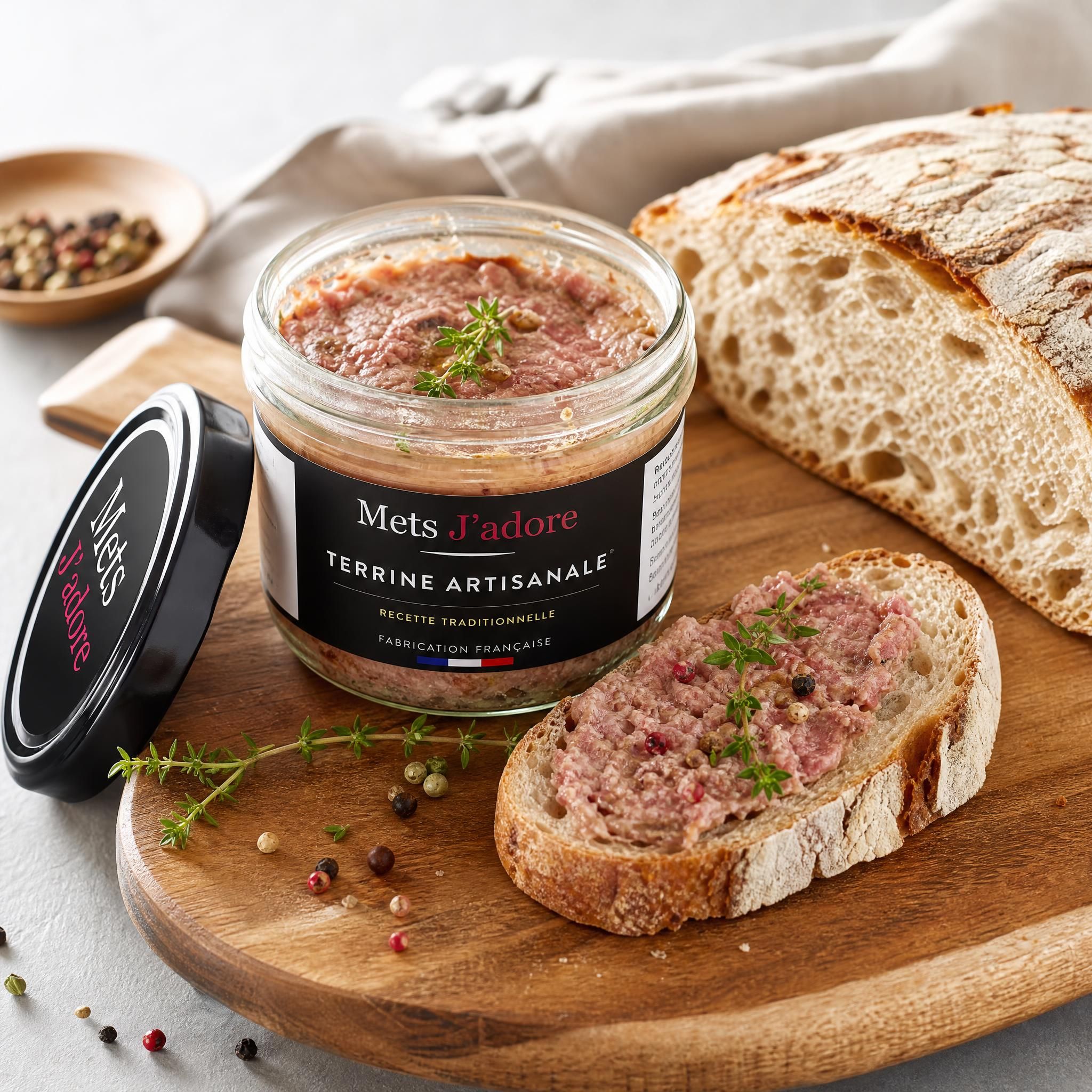 Terrine artisanale Mets J'adore ouverte dans un bocal en verre, servie sur une planche à découper en bois avec du pain de campagne