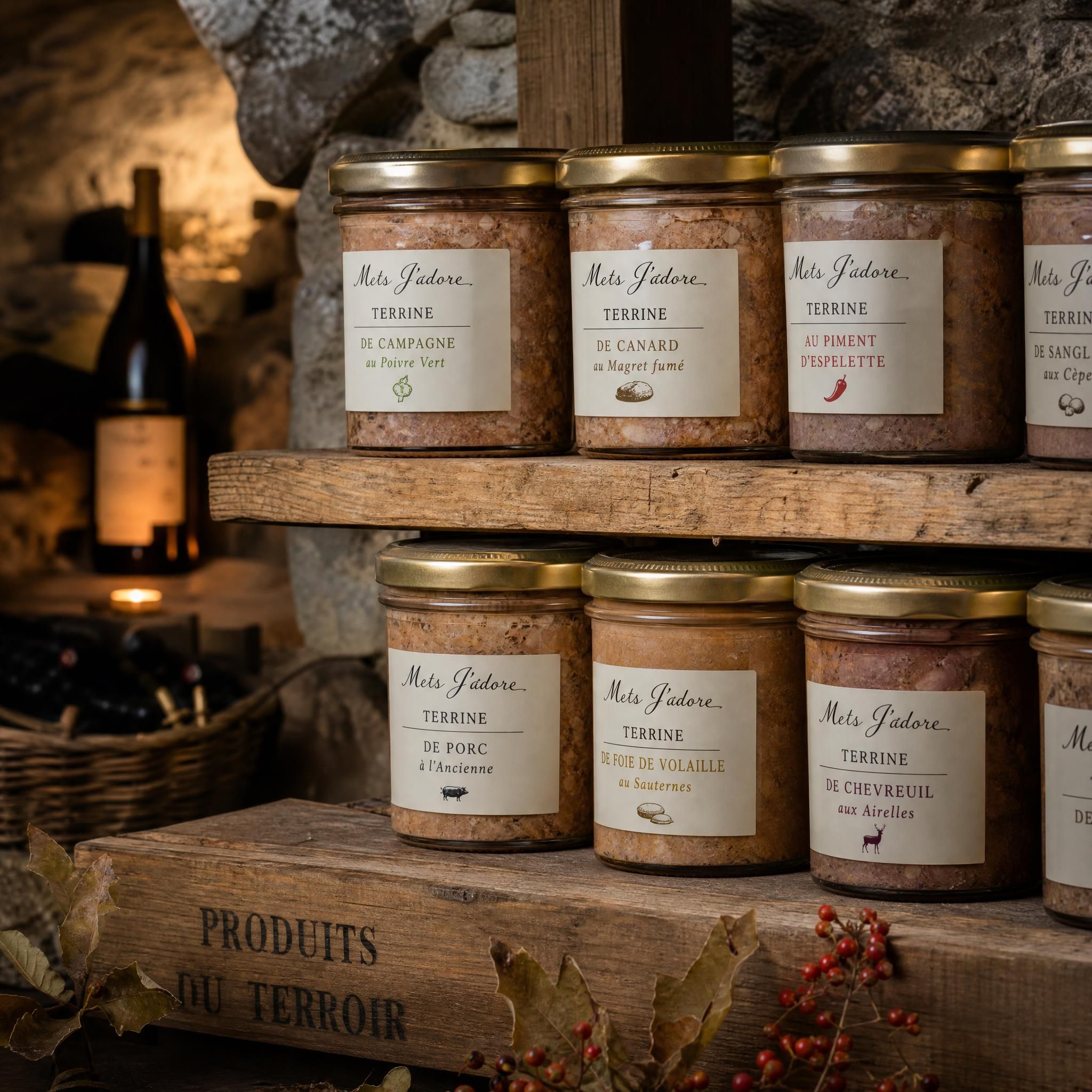 Bocaux de terrines Mets J'adore rangés dans une cave ou un cellier, éclairage tamisé, ambiance terroir