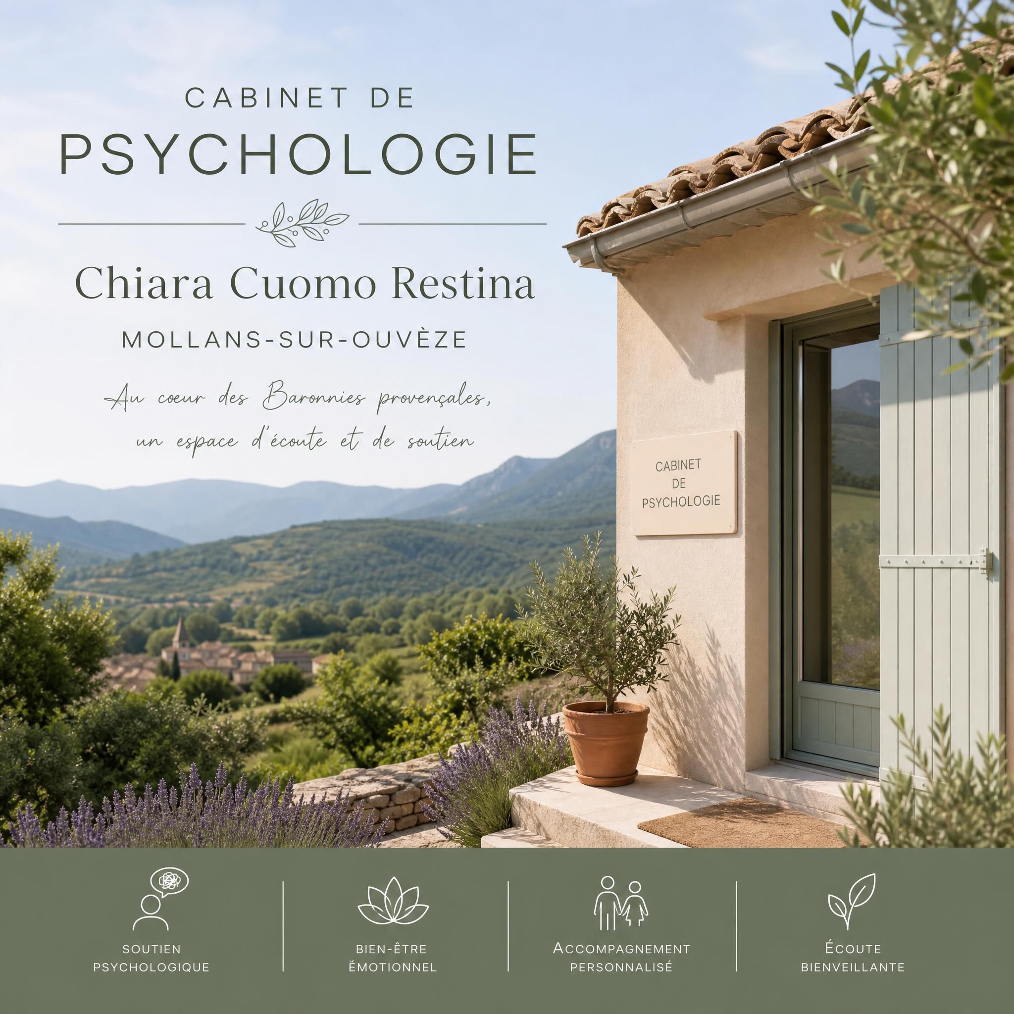 Cabinet de psychologie Chiara Cuomo Restina à Mollans-sur-Ouvèze, entouré de la nature des Baronnies provençales, Drôme provençale