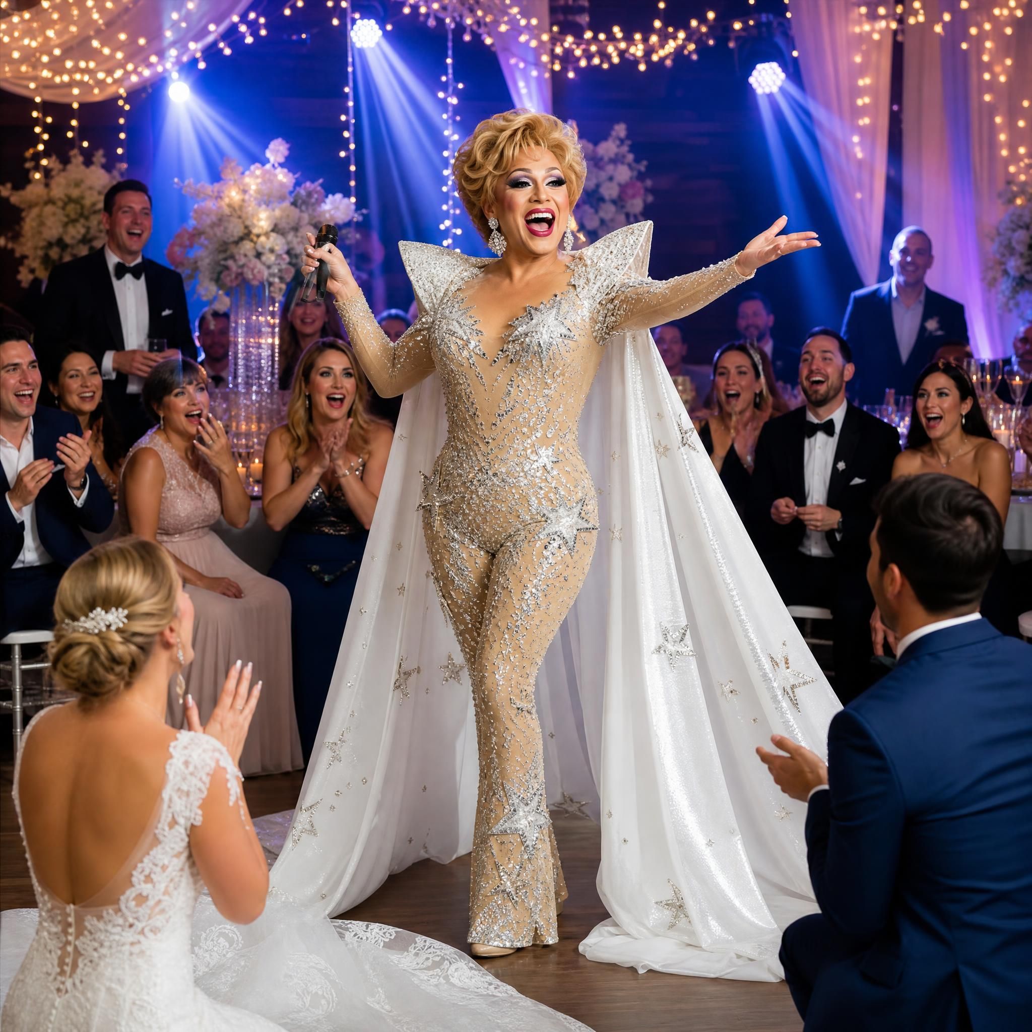 Artiste transformiste en costume de star sur scène lors d'un mariage, entouré d'invités émerveillés sous des lumières festives