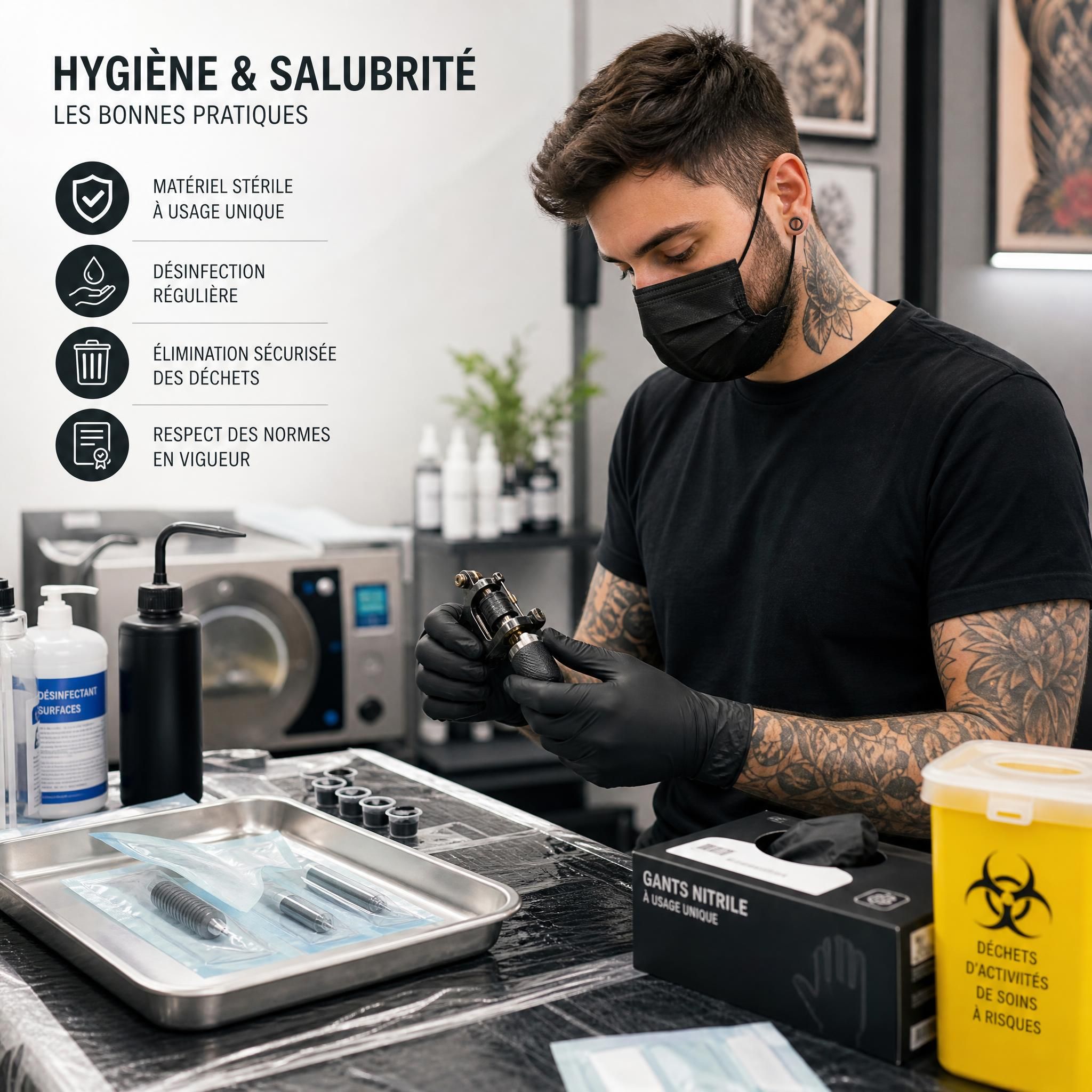Professionnel du tatouage en train de préparer son poste de travail avec gants stériles et matériel conforme aux normes d'hygiène et salubrité