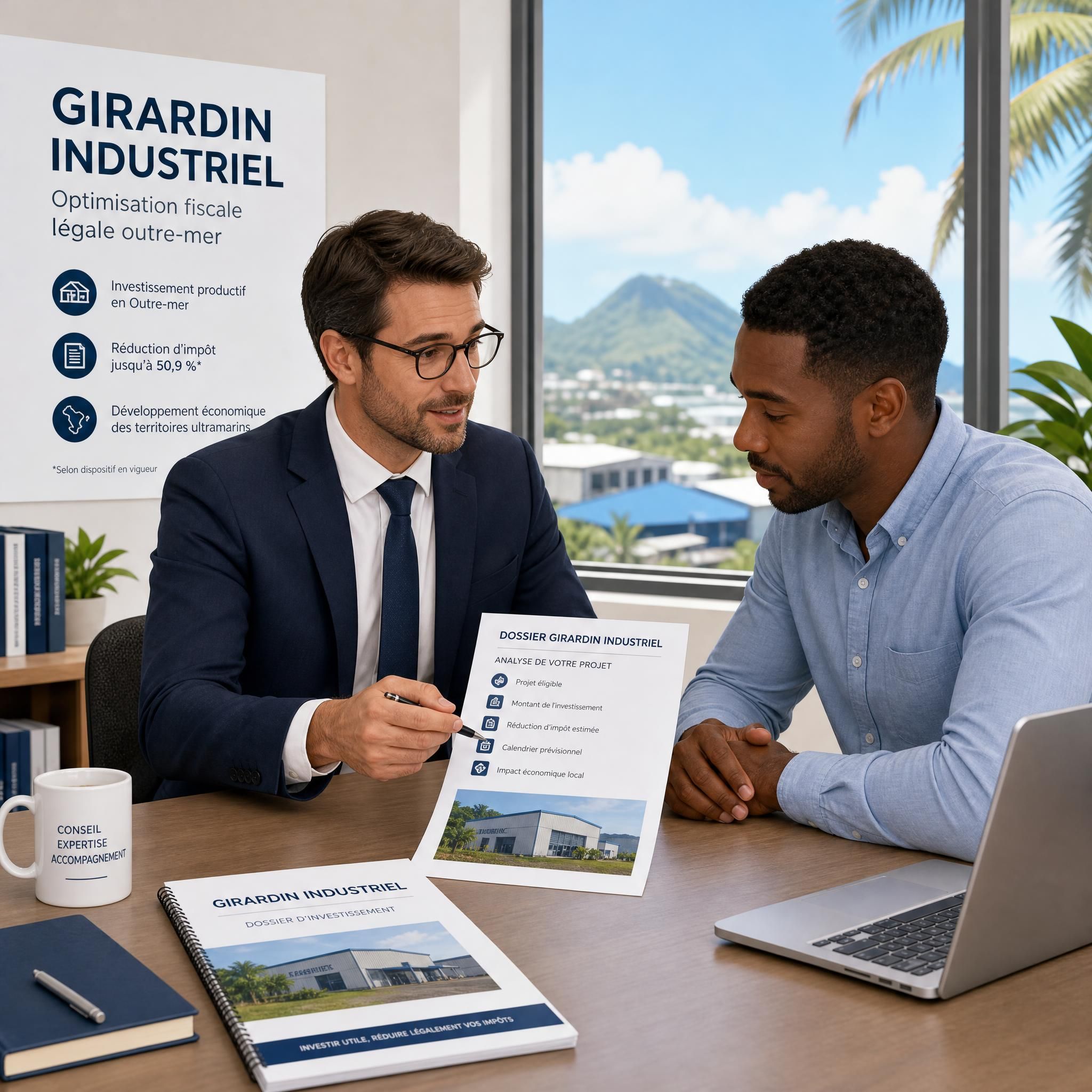 Illustration d'un conseiller fiscal accompagnant un contribuable dans l'analyse d'un dossier Girardin industriel — optimisation fiscale légale outre-mer