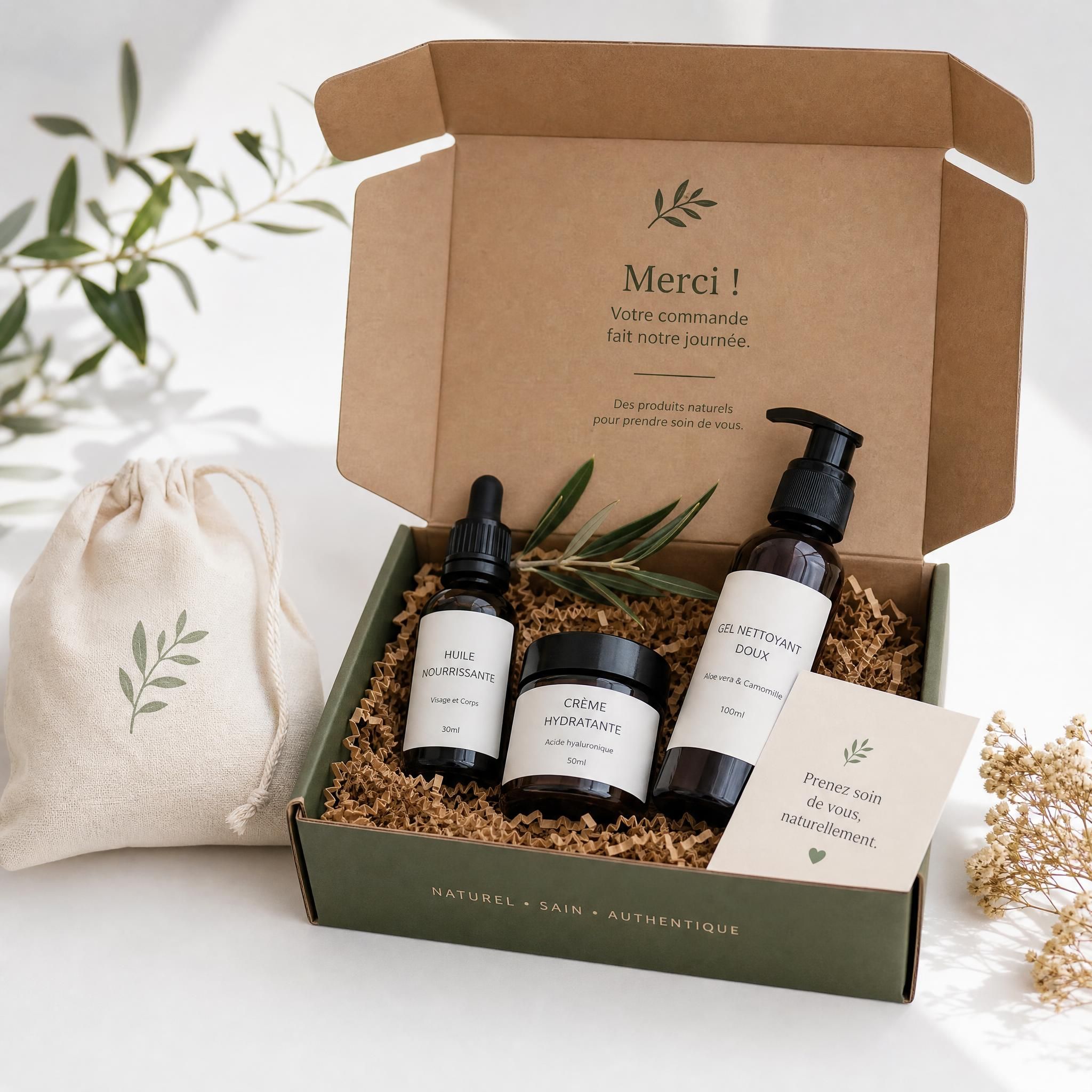 Expérience unboxing packaging personnalisé startup e-commerce - boîte premium ouverte avec produits cosmétiques naturels sur fond blanc, lumière naturelle