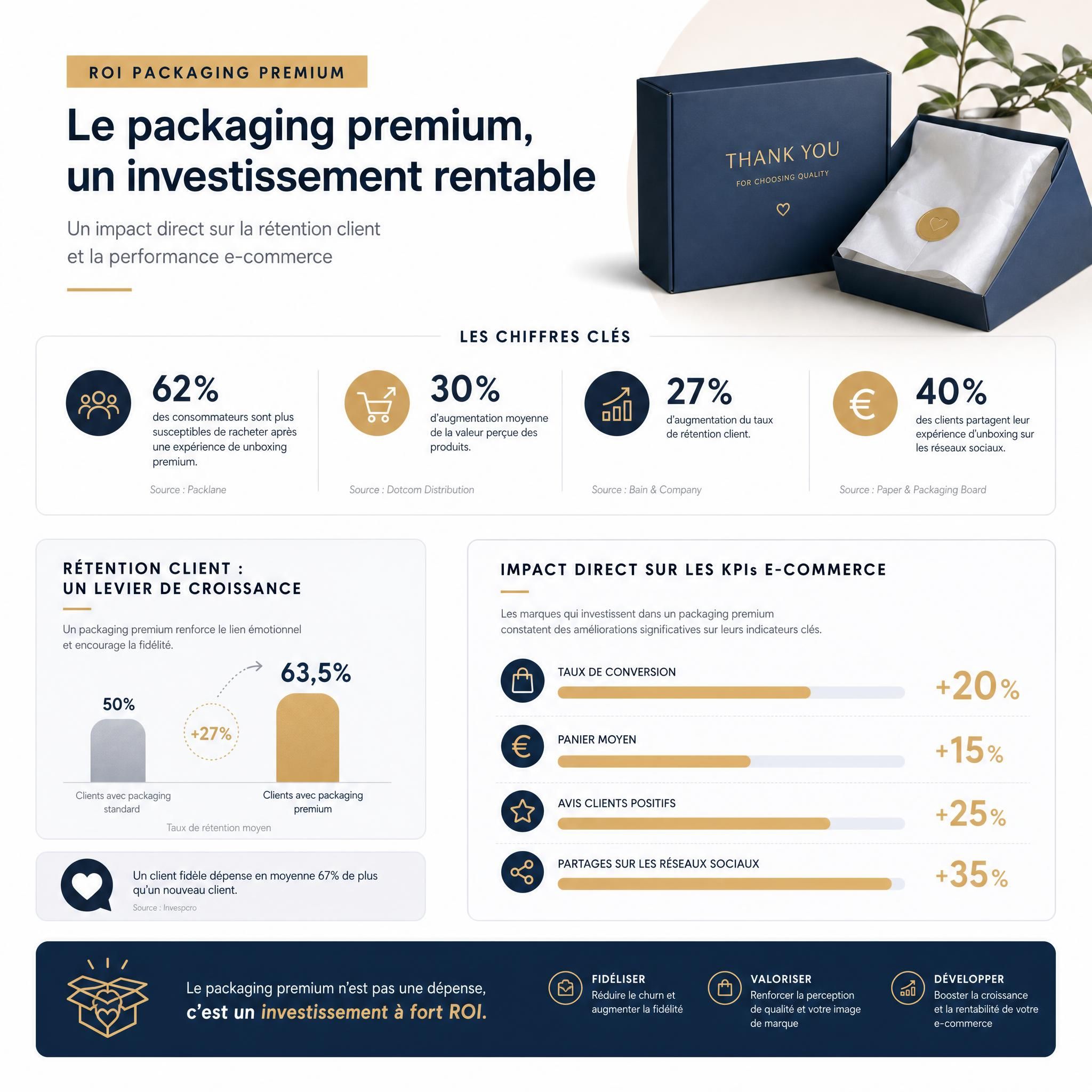 ROI packaging premium startups - infographie statistiques rétention client et impact sur les KPIs e-commerce