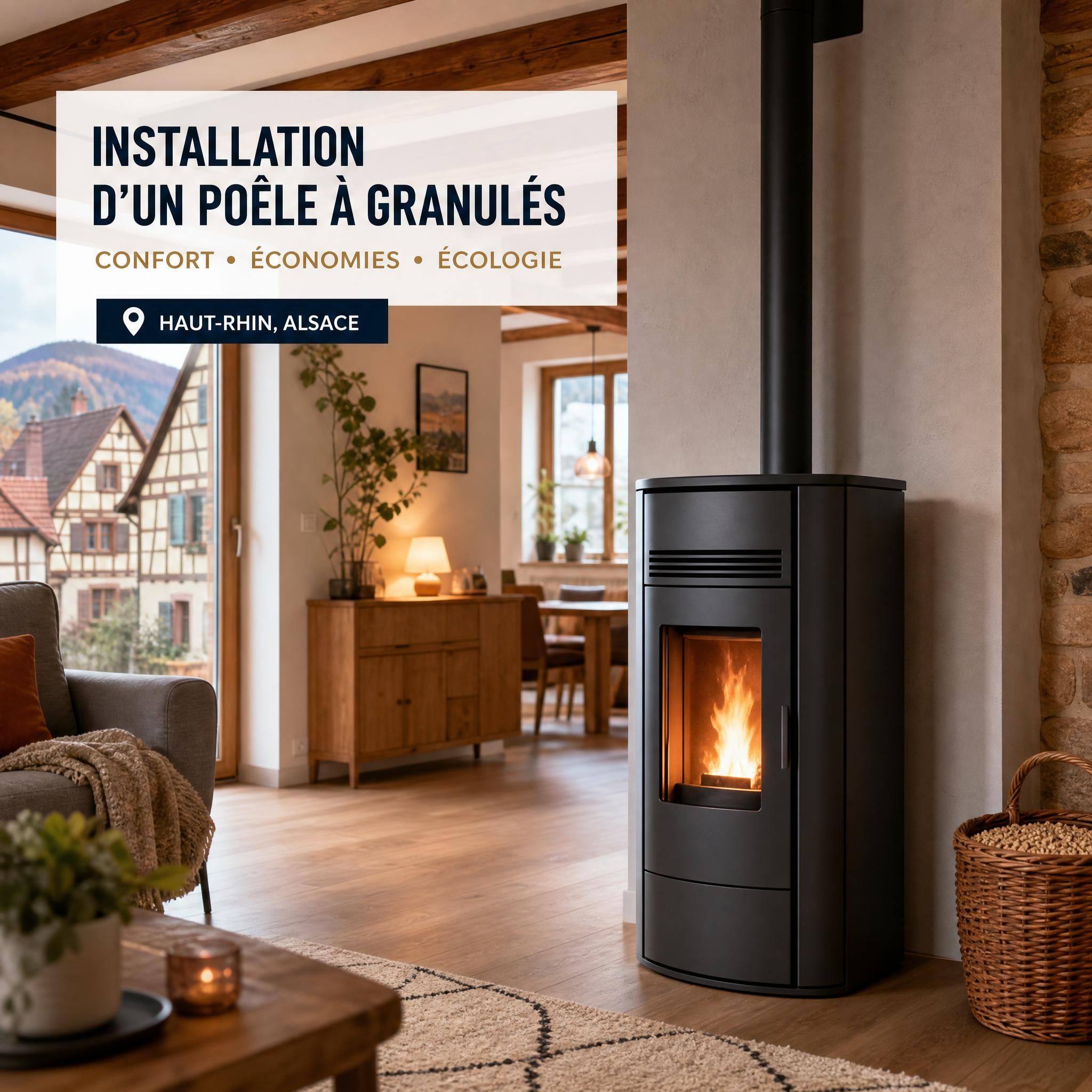 Installation d'un poêle à granulés moderne dans un intérieur alsacien chaleureux, Haut-Rhin