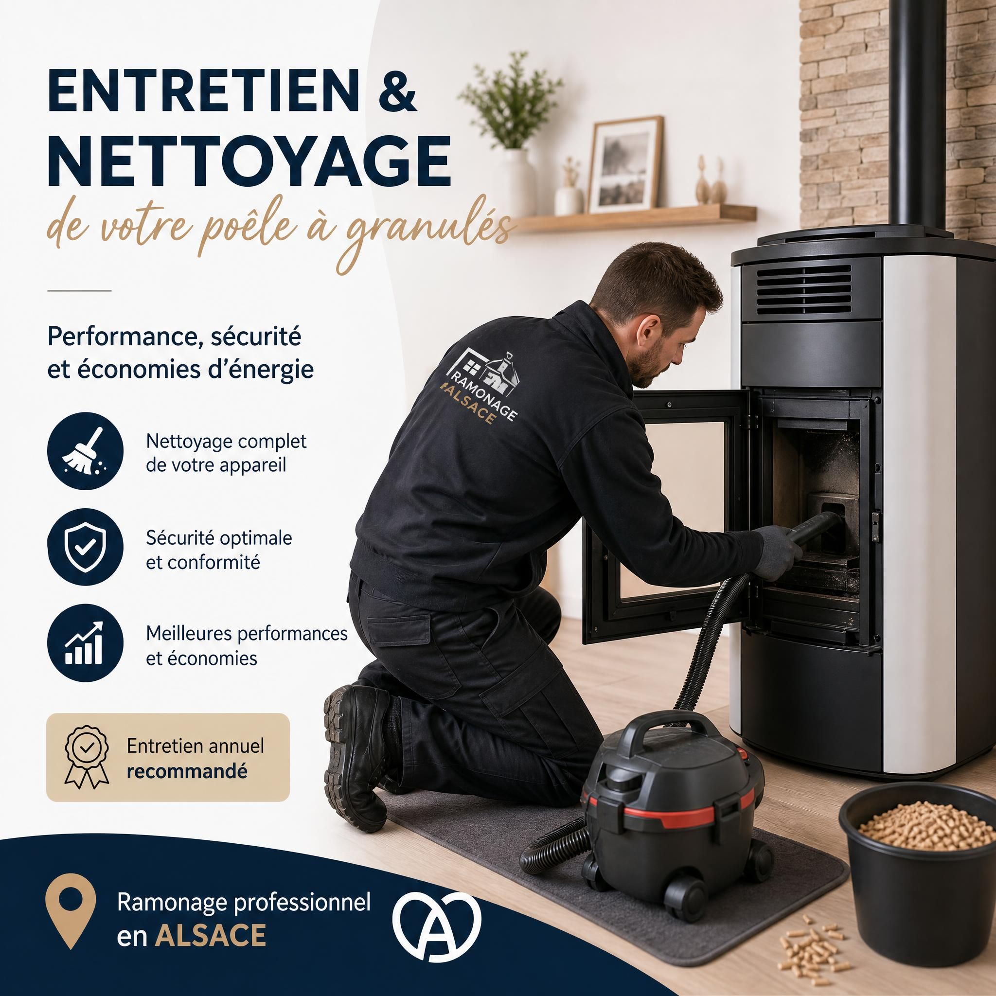 Entretien et nettoyage d'un poêle à granulés, ramonage professionnel en Alsace