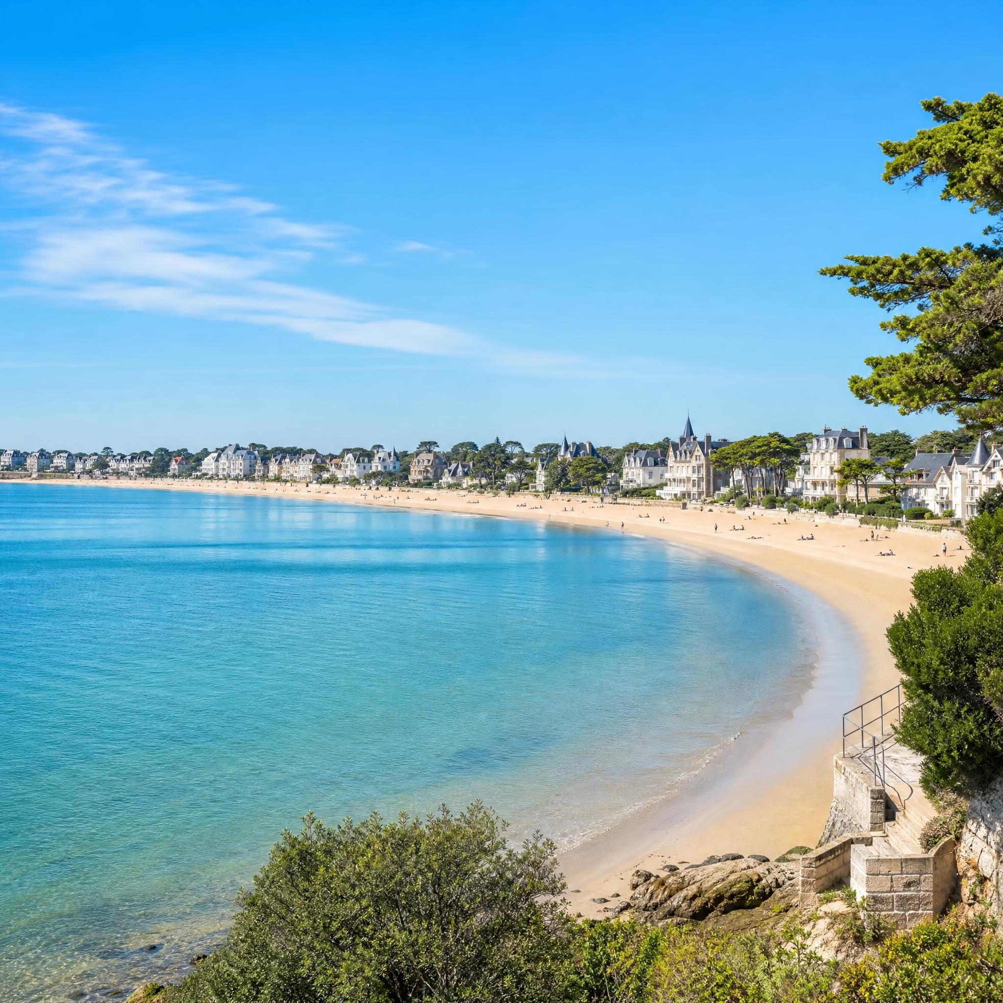 Vue panoramique de la baie de La Baule avec la plage de sable fin et les villas en arrière-plan, presqu'île guérandaise