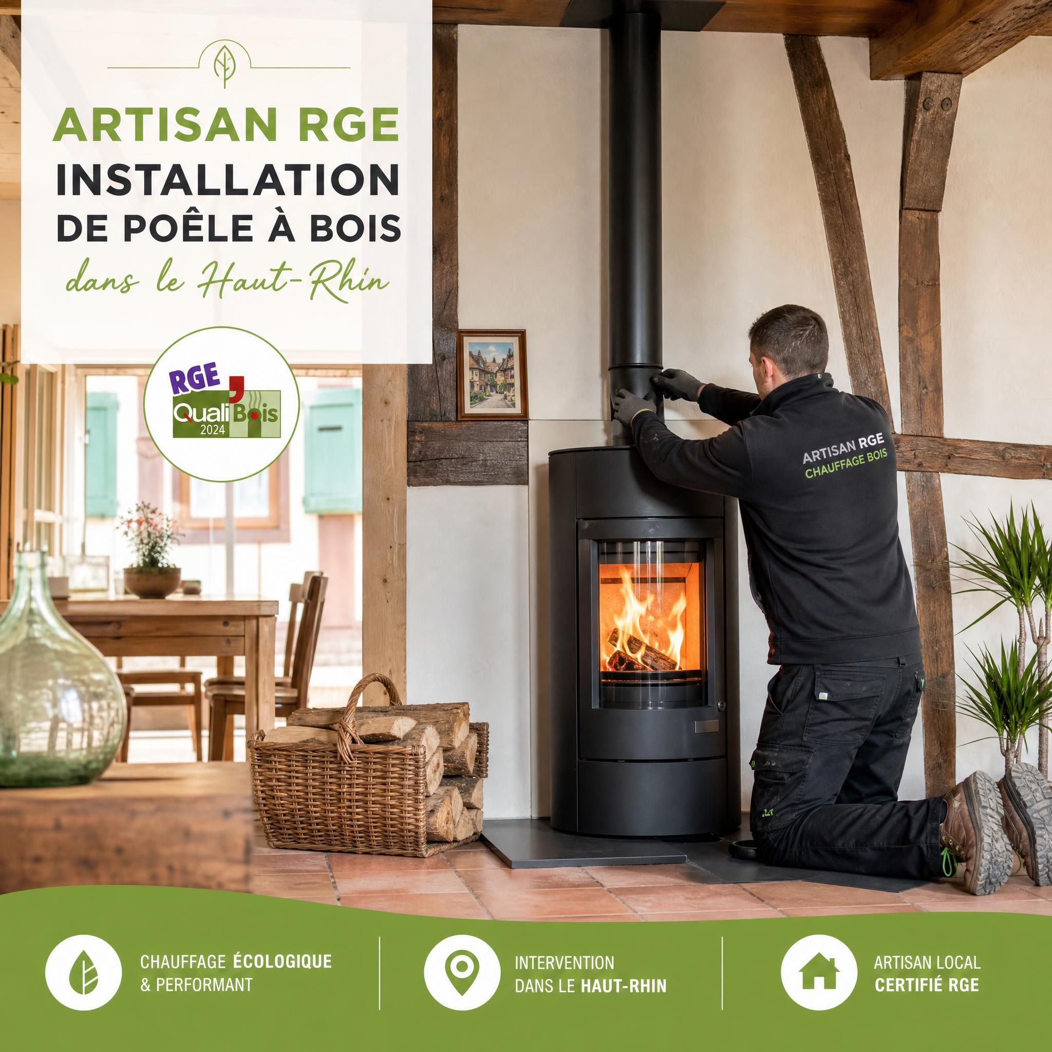 Artisan RGE réalisant l'installation d'un poêle à bois dans une maison alsacienne, chantier Haut-Rhin