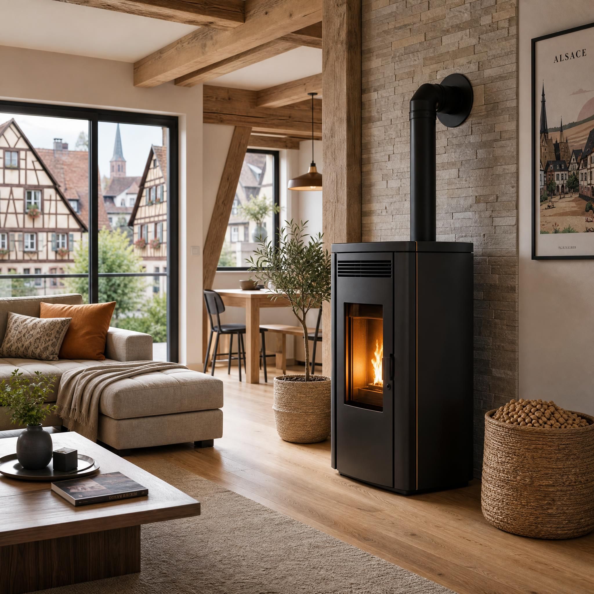Poêle à granulés moderne installé dans un salon alsacien, chauffage bois Haut-Rhin