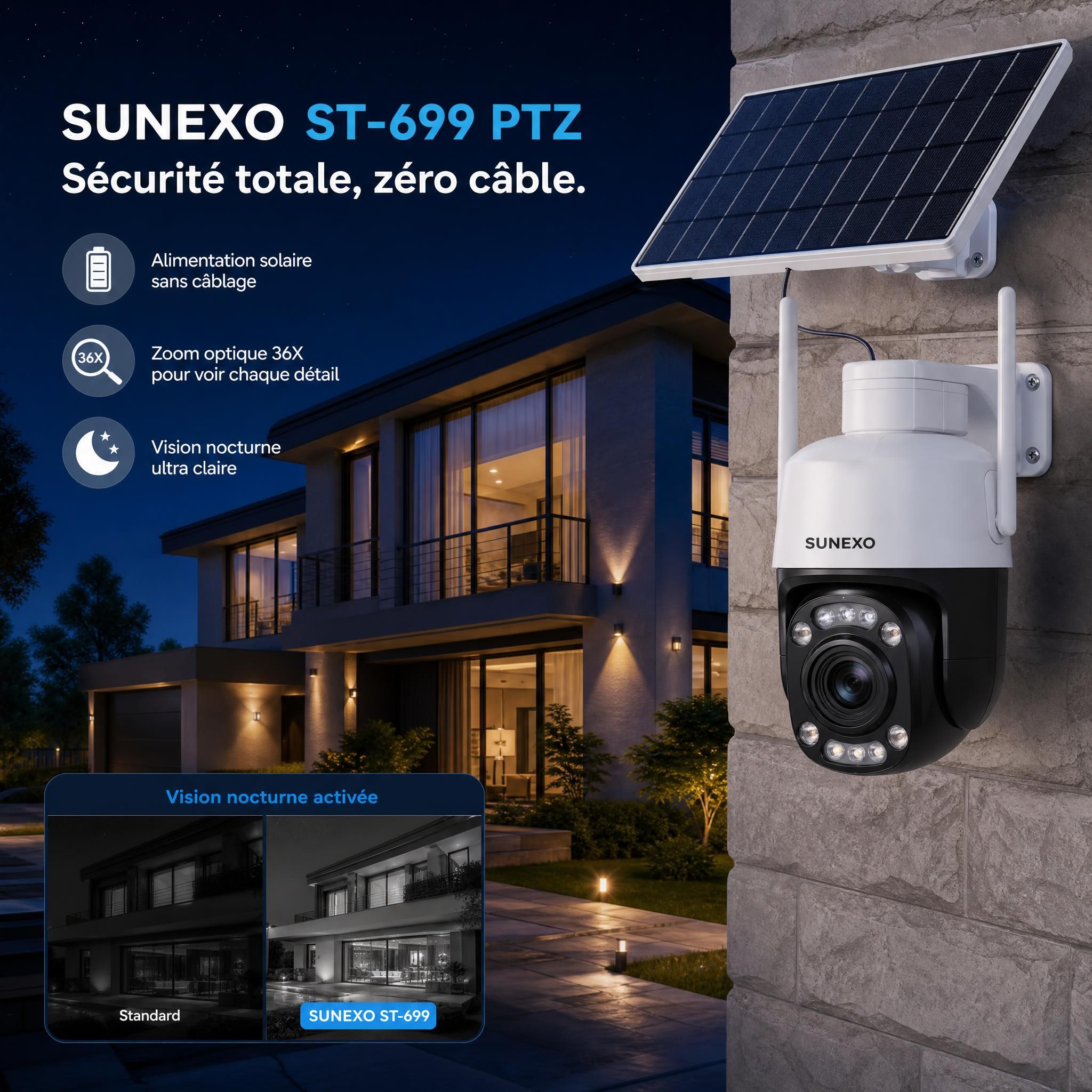Caméra solaire Sunexo ST-699 PTZ zoom 36X installée sur une façade extérieure, vision nocturne activée, maison sécurisée sans câblage électrique