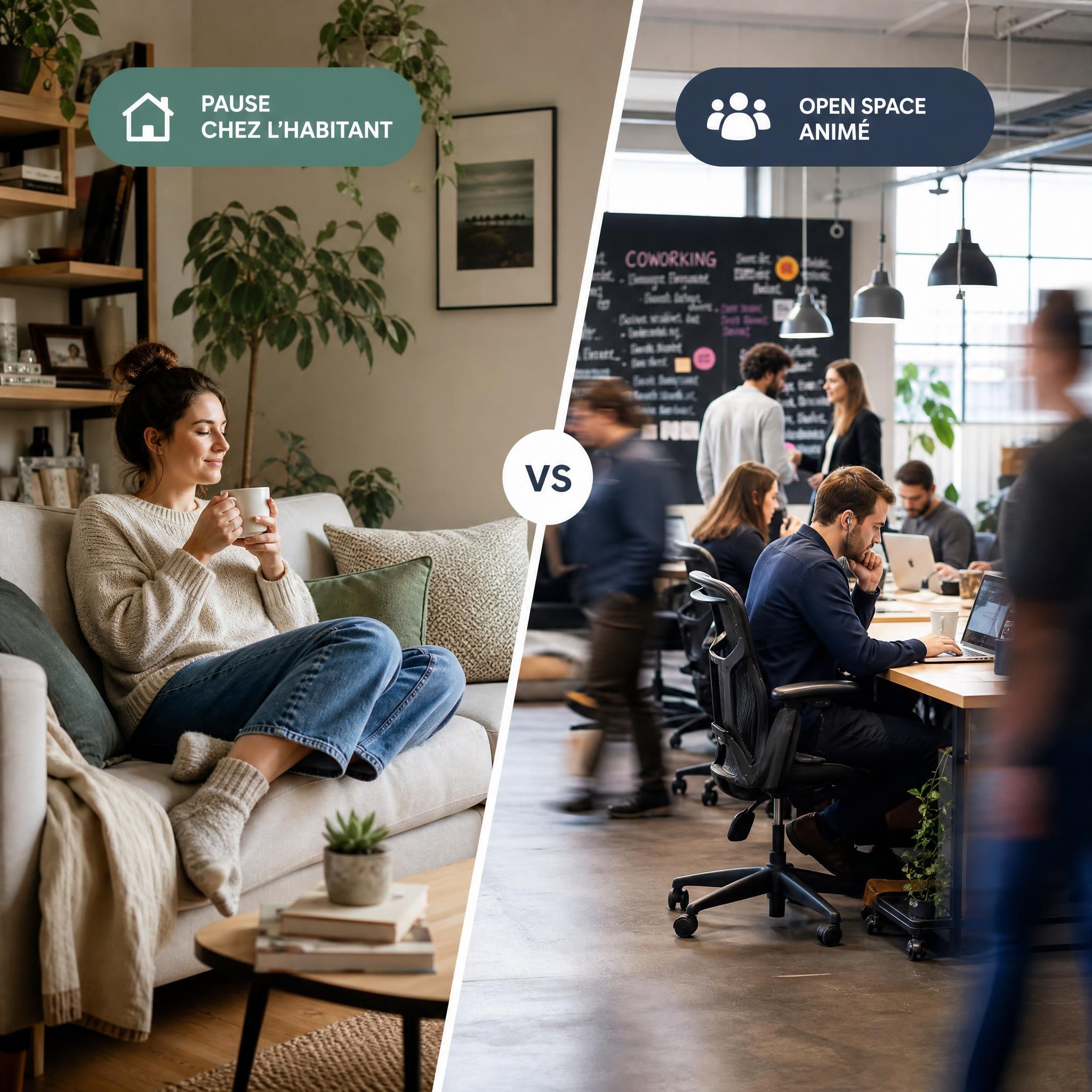 Personne au calme dans un salon chez un particulier, contraste avec un open space de coworking animé — illustration du concept de pause chez l'habitant