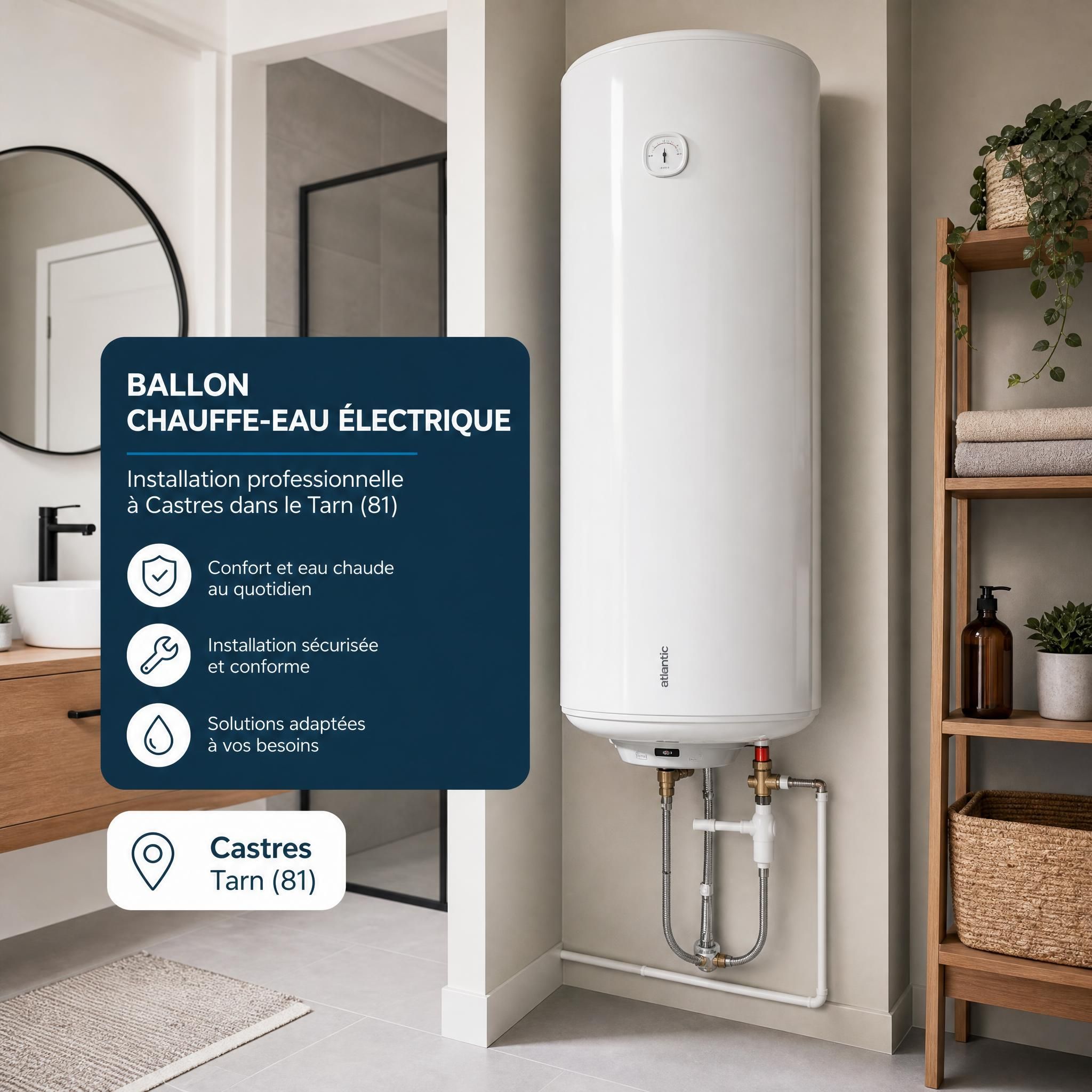 Ballon chauffe-eau électrique blanc installé dans une salle de bain ou local technique, installation plomberie Castres Tarn
